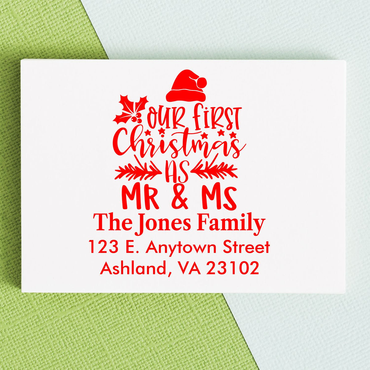 Custom Christmas return address rubber stamp for Mr. & Ms. Jones family, ideal for first Christmas cards and holiday mail.