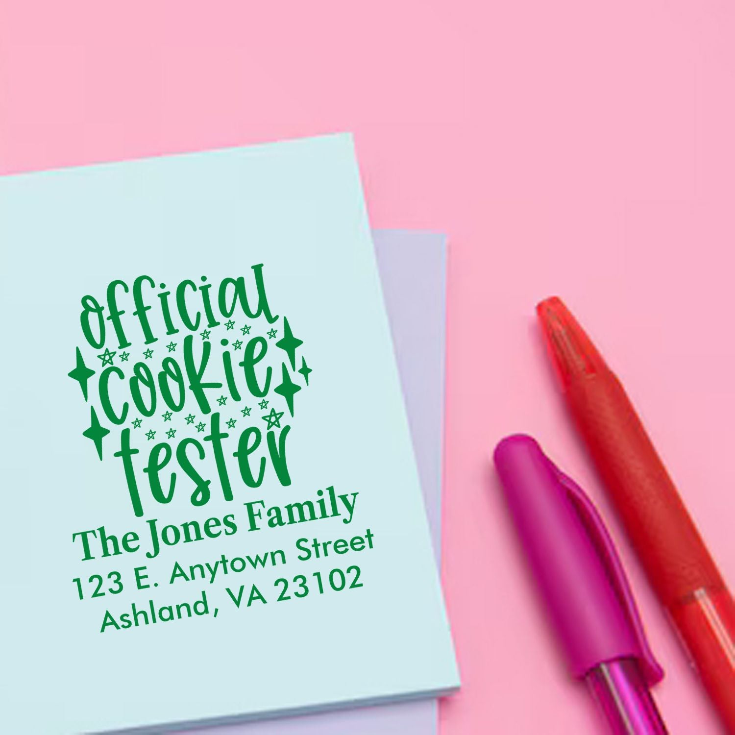 Custom return address rubber stamp with Official Cookie Tester design for family stationery, cards, and invitations.