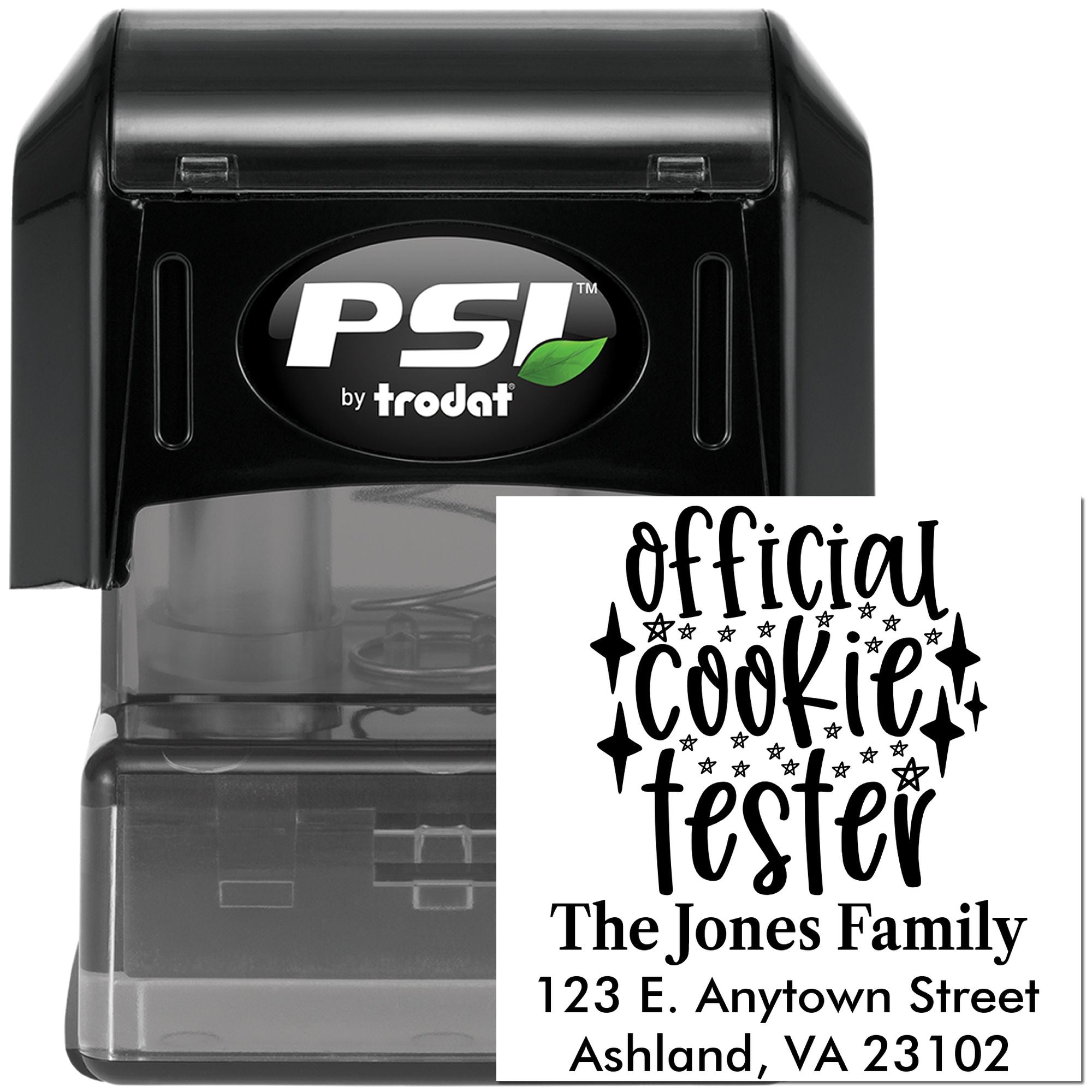 Personalized self-inking rubber stamp with Official Cookie Tester design and The Jones Family address by PSI by Trodat.