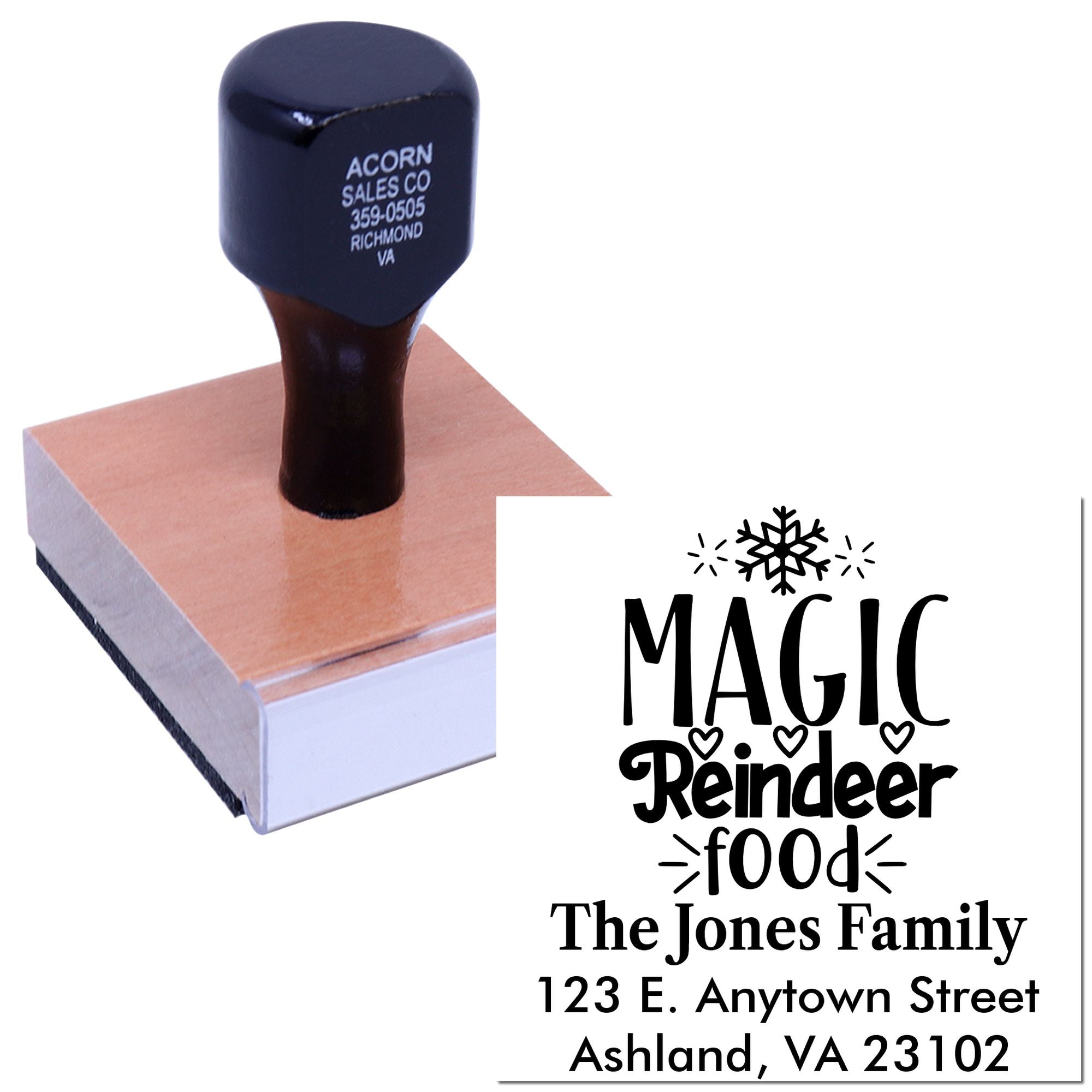 Custom Magic Reindeer Food rubber stamp with family name and address for holiday treat bags and Christmas craft labels.
