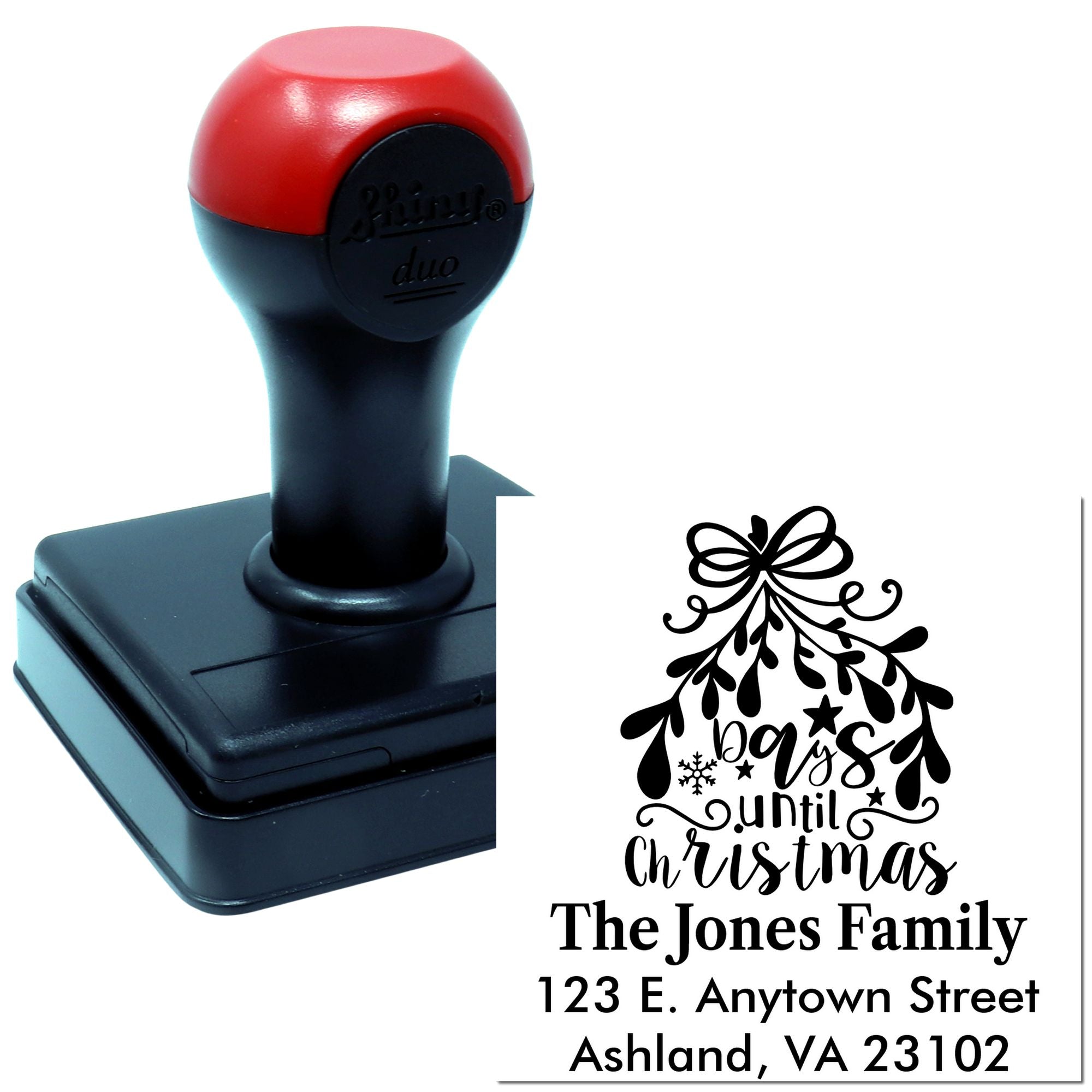 Personalized self-inking Christmas countdown address rubber stamp with custom family name and mailing address.