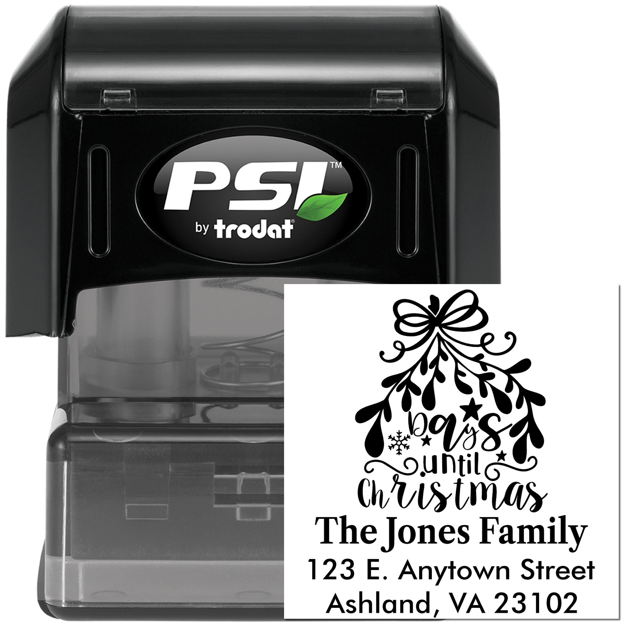 PSI by Trodat self-inking rubber stamp with custom Christmas return address design for personalized holiday mailings.
