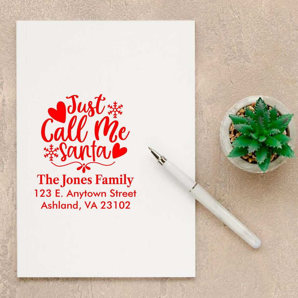 Personalized holiday return address rubber stamp with Just Call Me Santa design for Christmas cards and envelopes