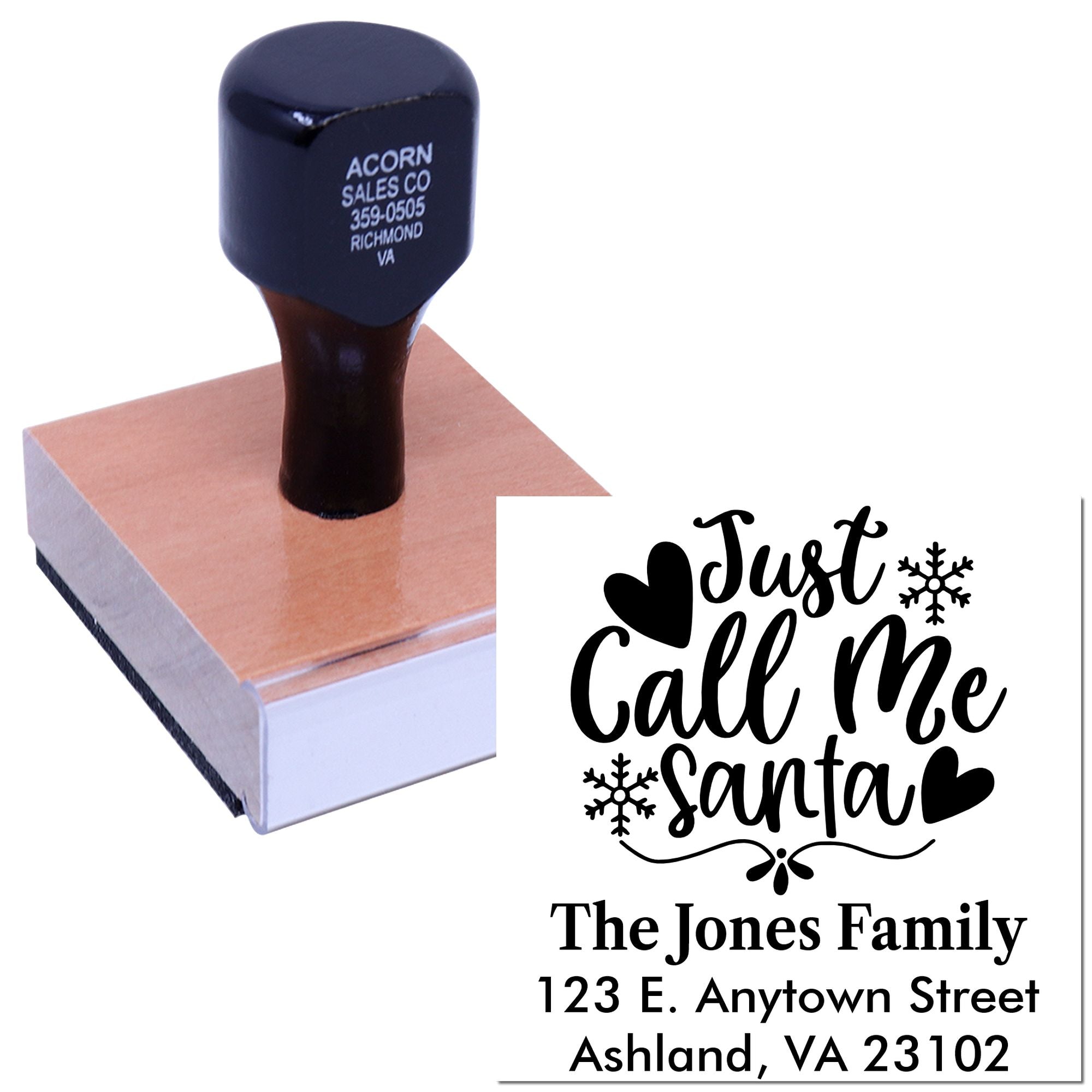 Custom holiday rubber stamp with Just Call Me Santa design and personalized return address for cards, gifts, and mail.