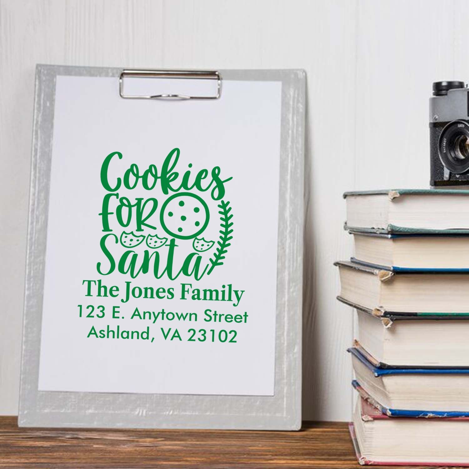 Personalized Cookies for Santa return address rubber stamp design with family name and address for holiday baking and gifting.