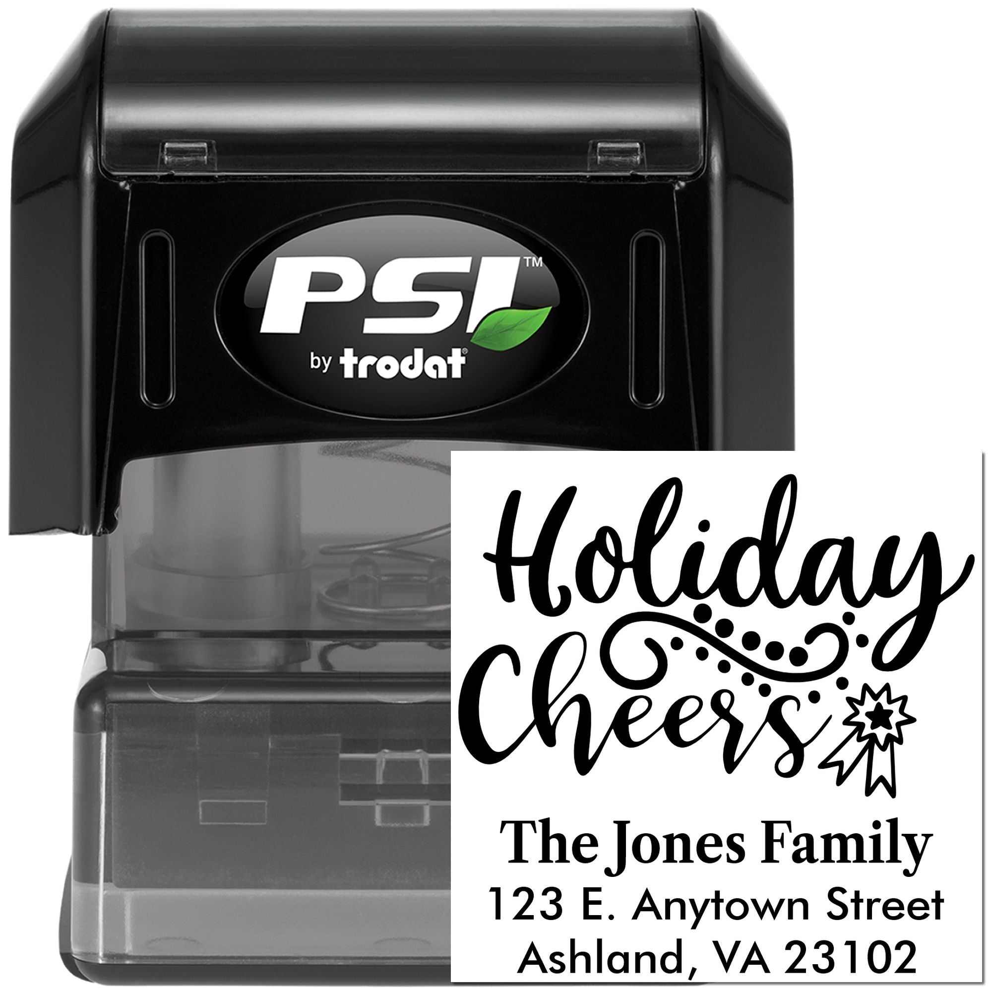 Custom self-inking rubber stamp with Holiday Cheers design and return address for festive holiday cards and mailings.