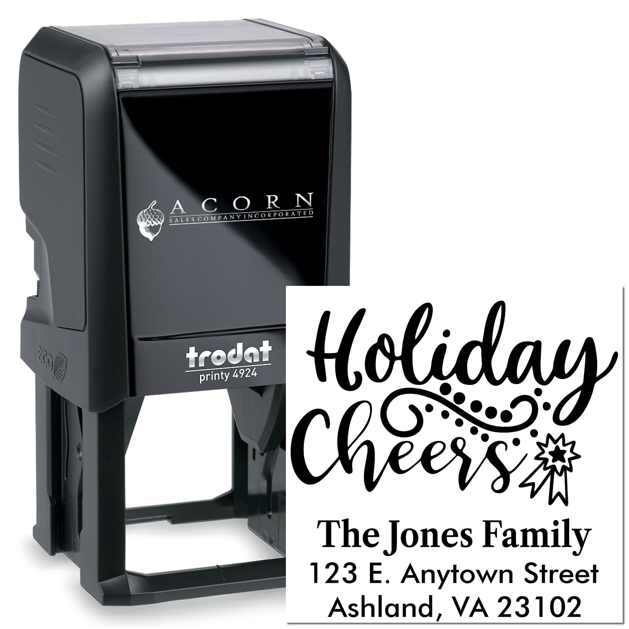 Custom self-inking rubber stamp showing Holiday Cheers return address design for personalized holiday cards.