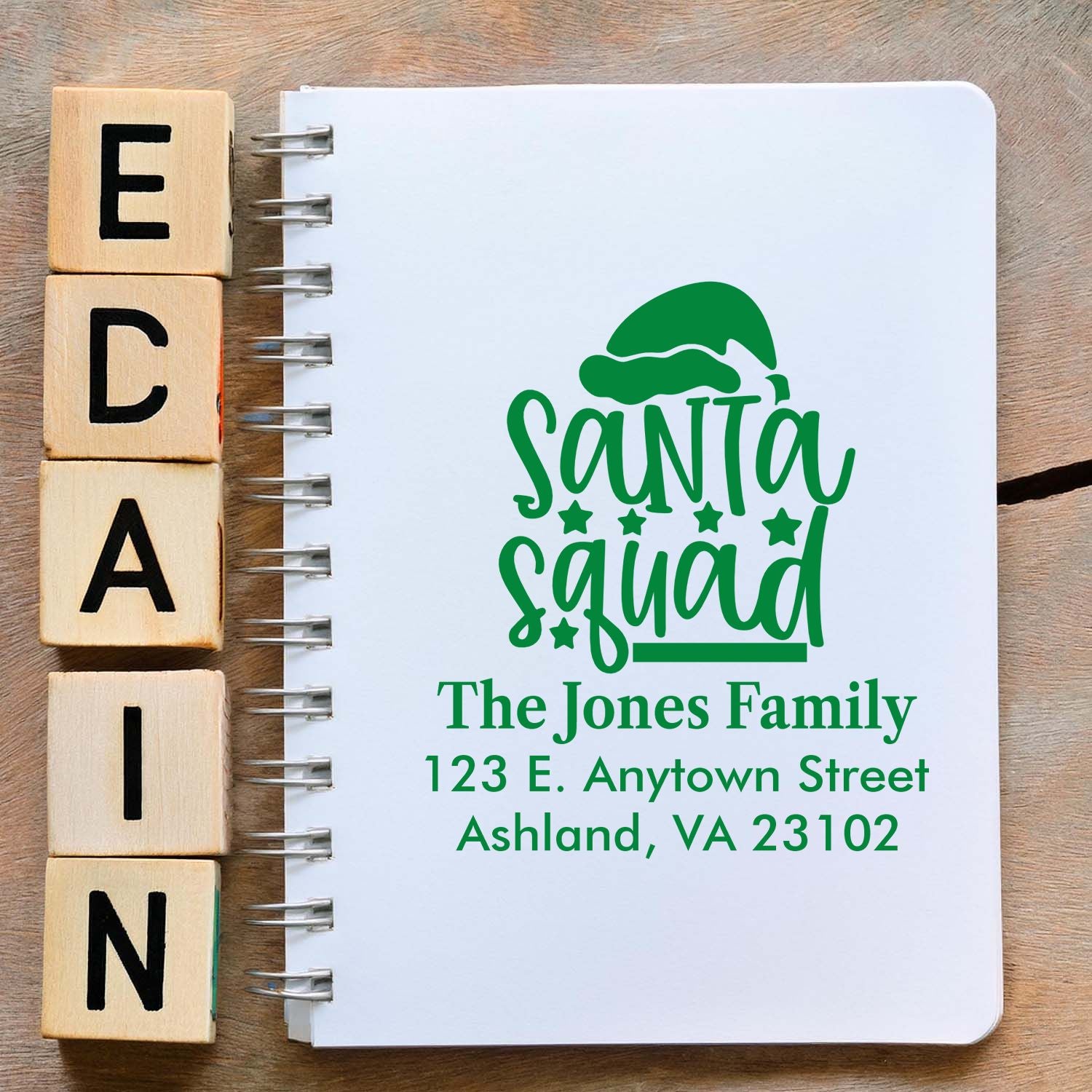 Custom Santa Squad return address rubber stamp for The Jones Family, featuring a Christmas holiday mailing design.