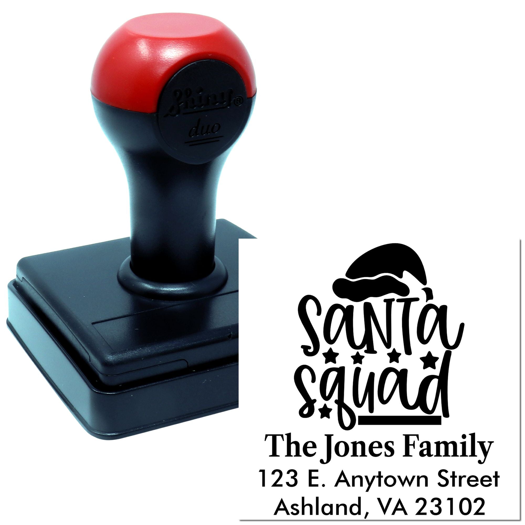 Custom self-inking Santa Squad return address rubber stamp for Christmas cards, featuring The Jones Family address.