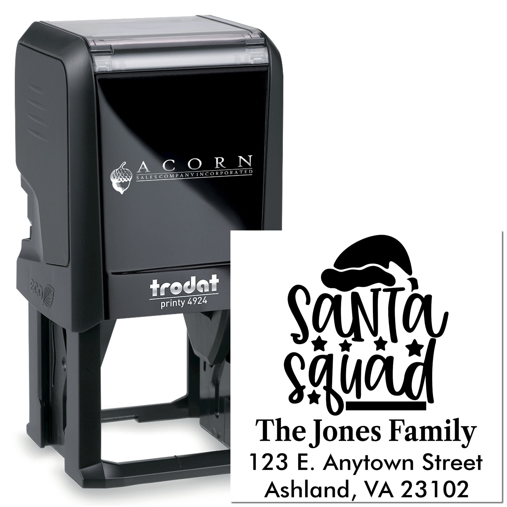 Custom self-inking holiday address rubber stamp with Santa Squad family design, Trodat Printy 4924 personalized stamp