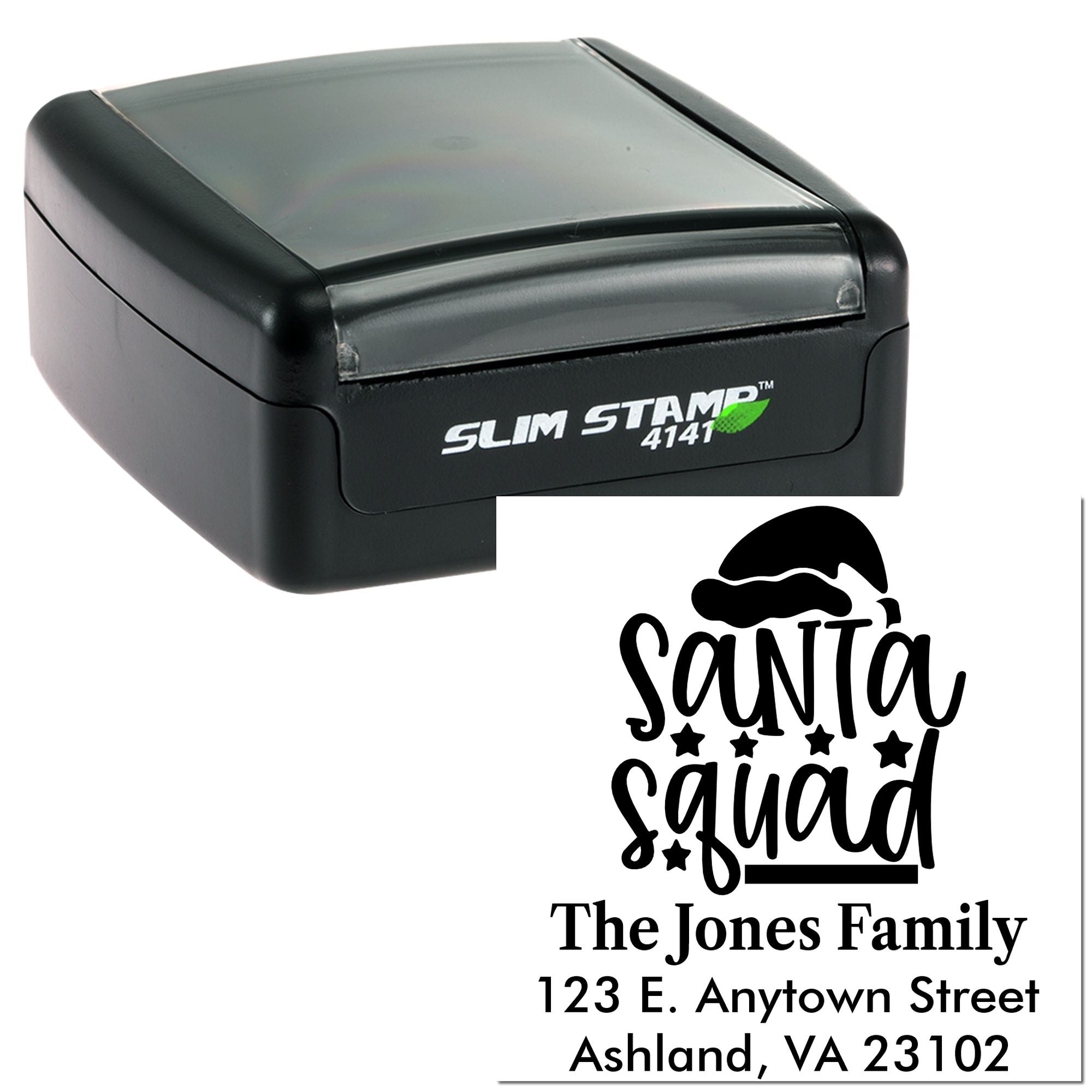 Santa Squad custom rubber address stamp with slim self-inking stamp and family name, street address, and holiday design.