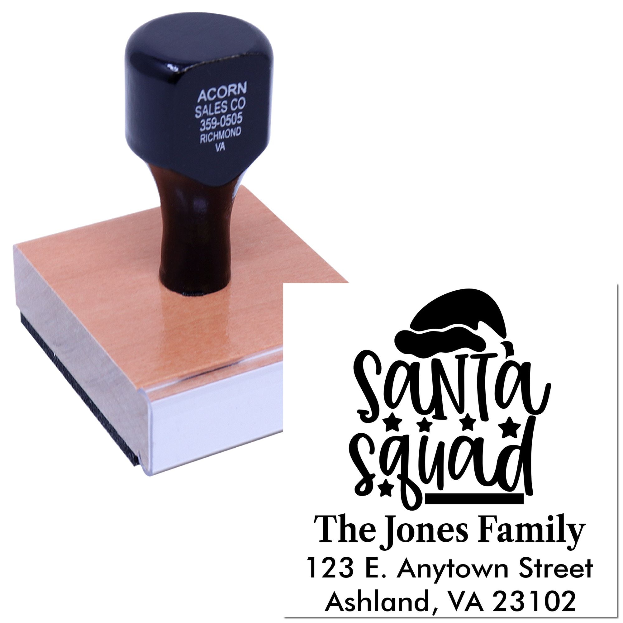 Custom Santa Squad rubber stamp with family name and address for festive Christmas card envelopes and holiday mailing.