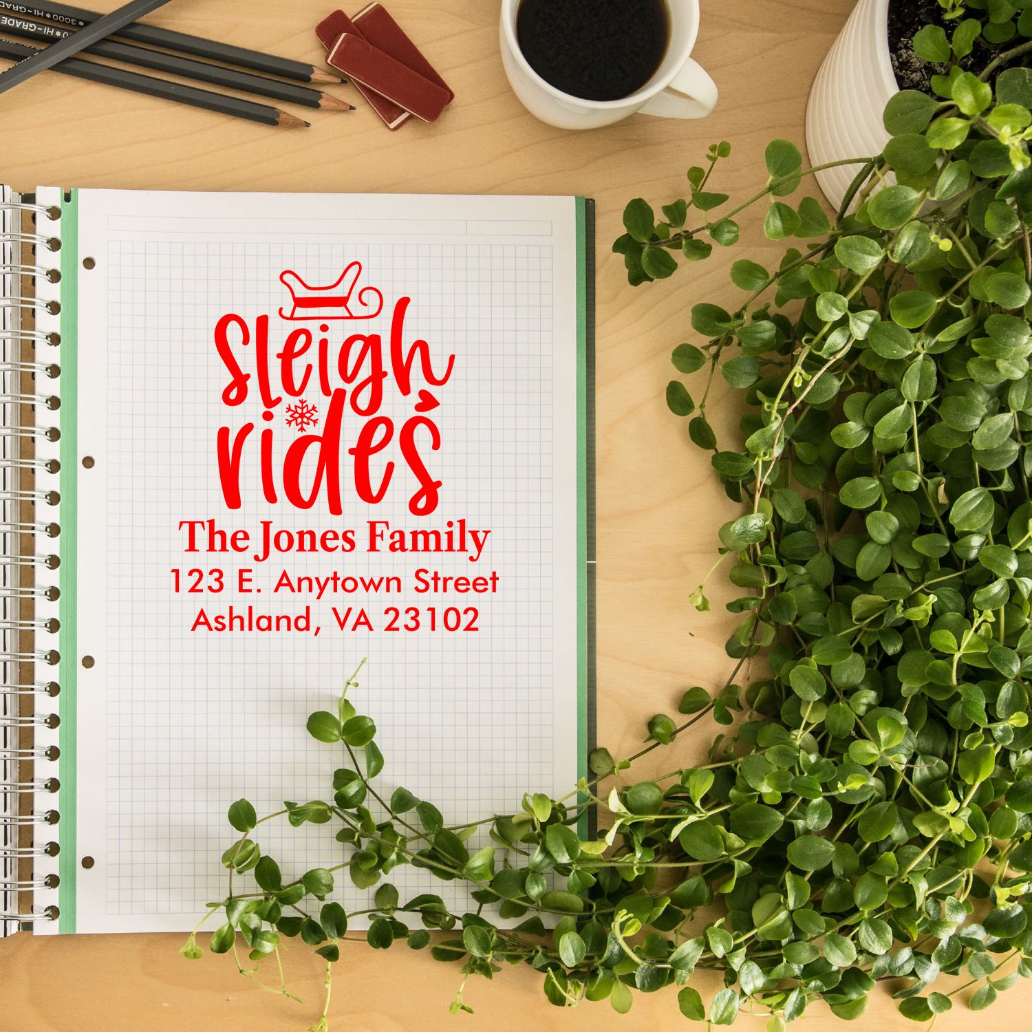 Custom holiday rubber stamp mockup with Sleigh Rides family return address for Christmas cards and festive mailings