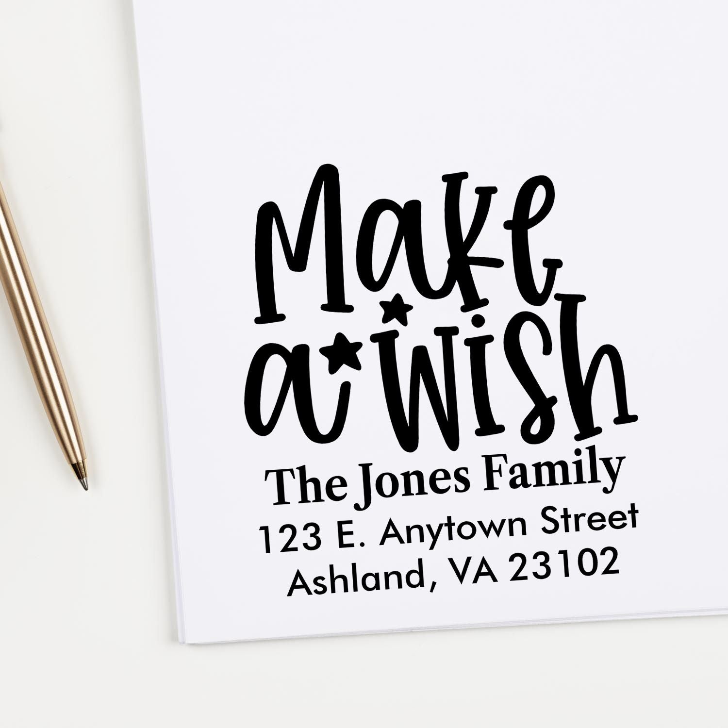 Custom Make a Wish address rubber stamp with family name and mailing address for personalized stationery.