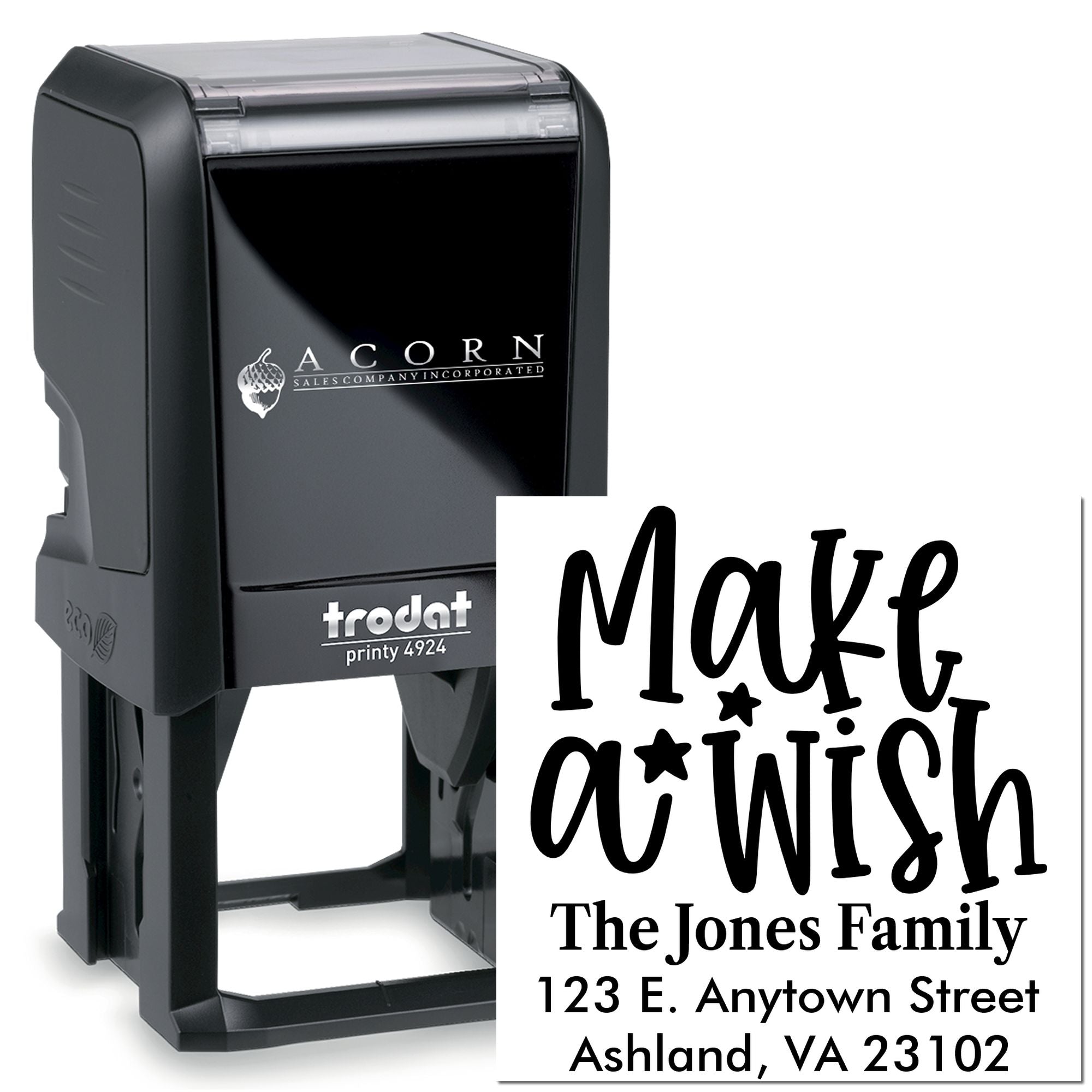 Custom self-inking rubber address stamp with Mark a wish for The Jones Family, Trodat Printy 4924.
