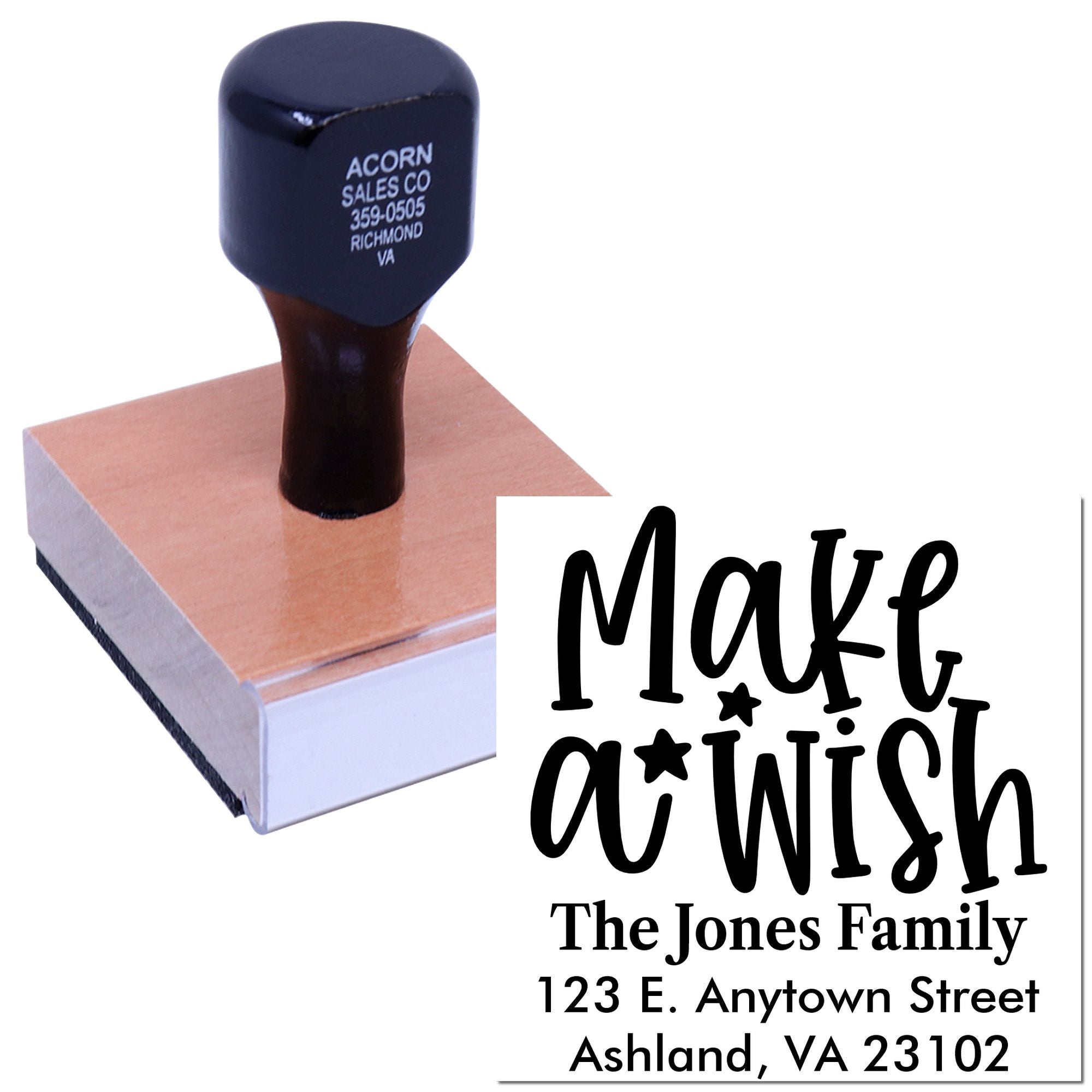 Custom family address rubber stamp with Mark at Wish design, The Jones Family name, and Ashland, VA return address.