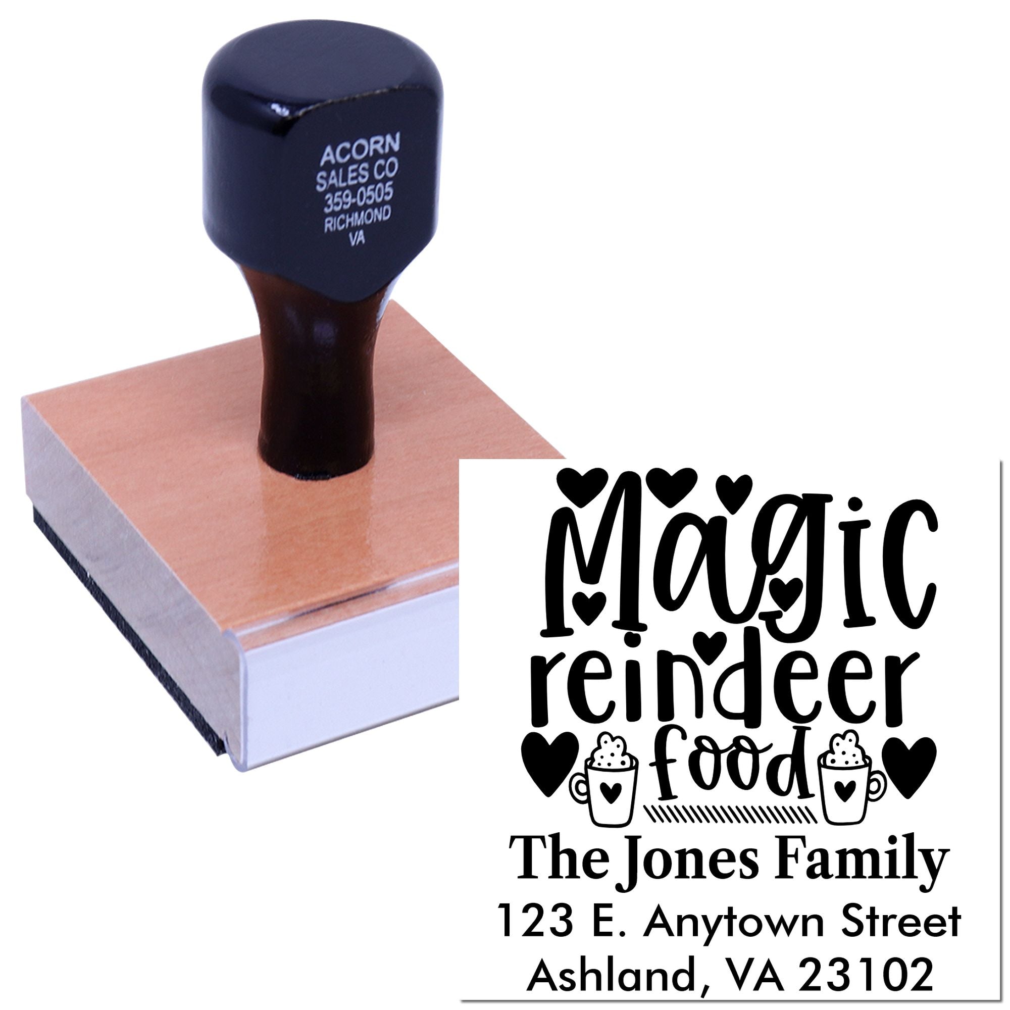 Personalized rubber stamp for Magic Reindeer Food labels with family name, address and festive holiday design.