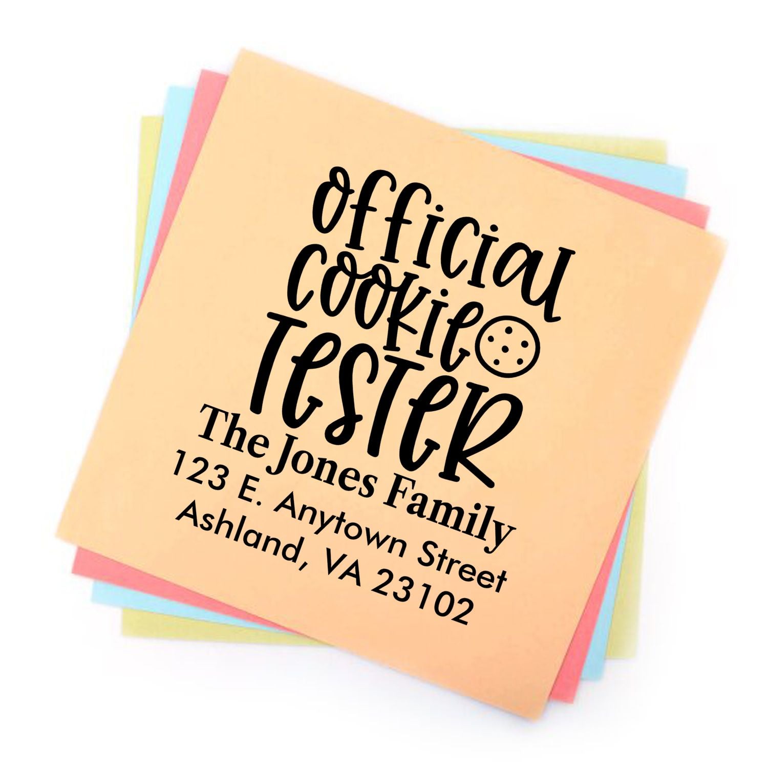 Custom official cookie tester rubber stamp with family name and address for bakeries, gift packaging, and home baking.