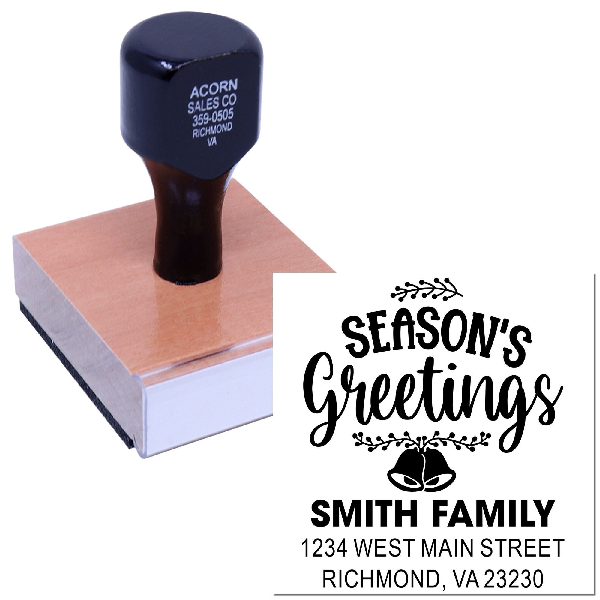 Custom holiday rubber stamp for return addresses, featuring Seasons Greetings and Smith Family, Richmond, VA.