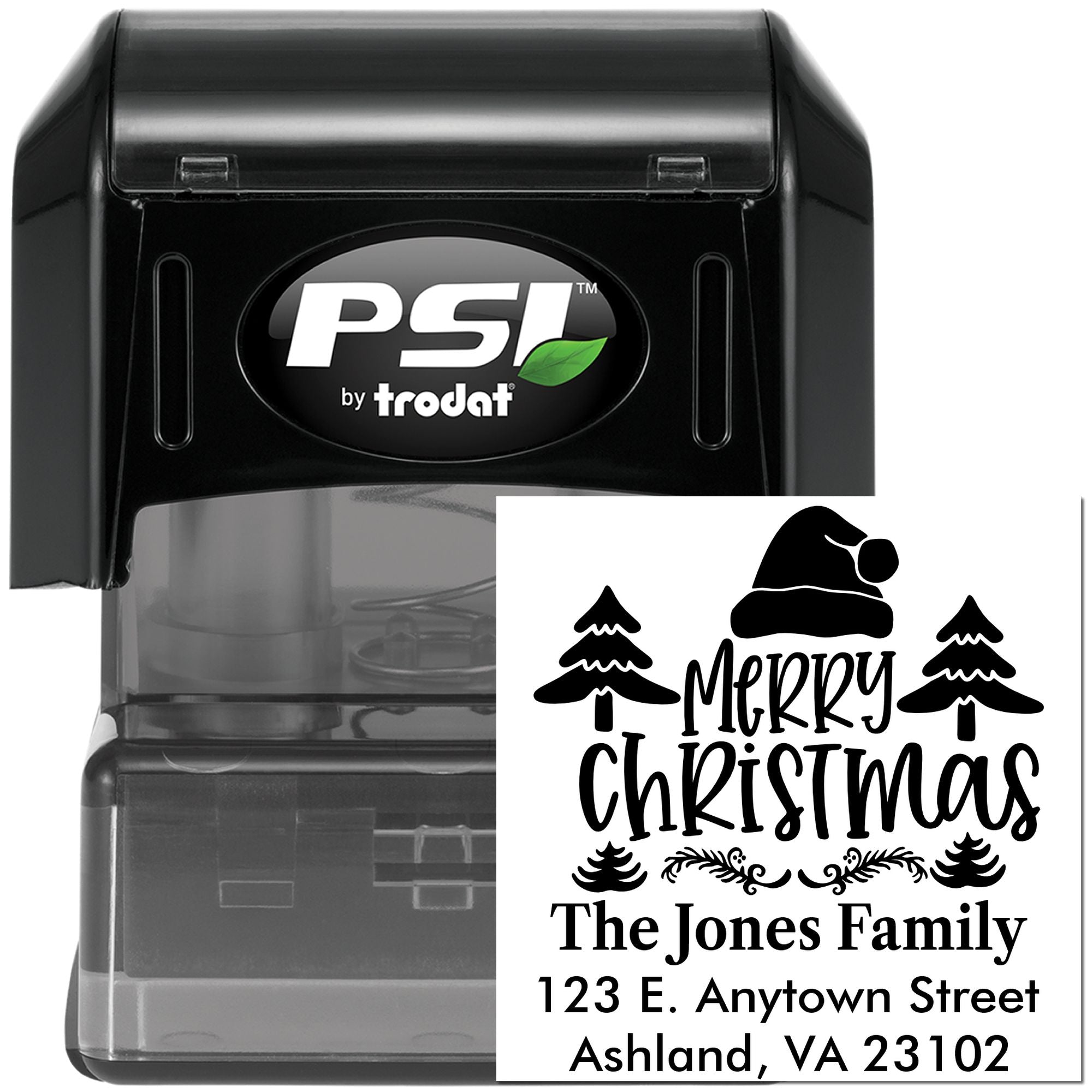 Custom Merry Christmas self-inking rubber stamp with family name and address, PSI by Trodat holiday address stamp.