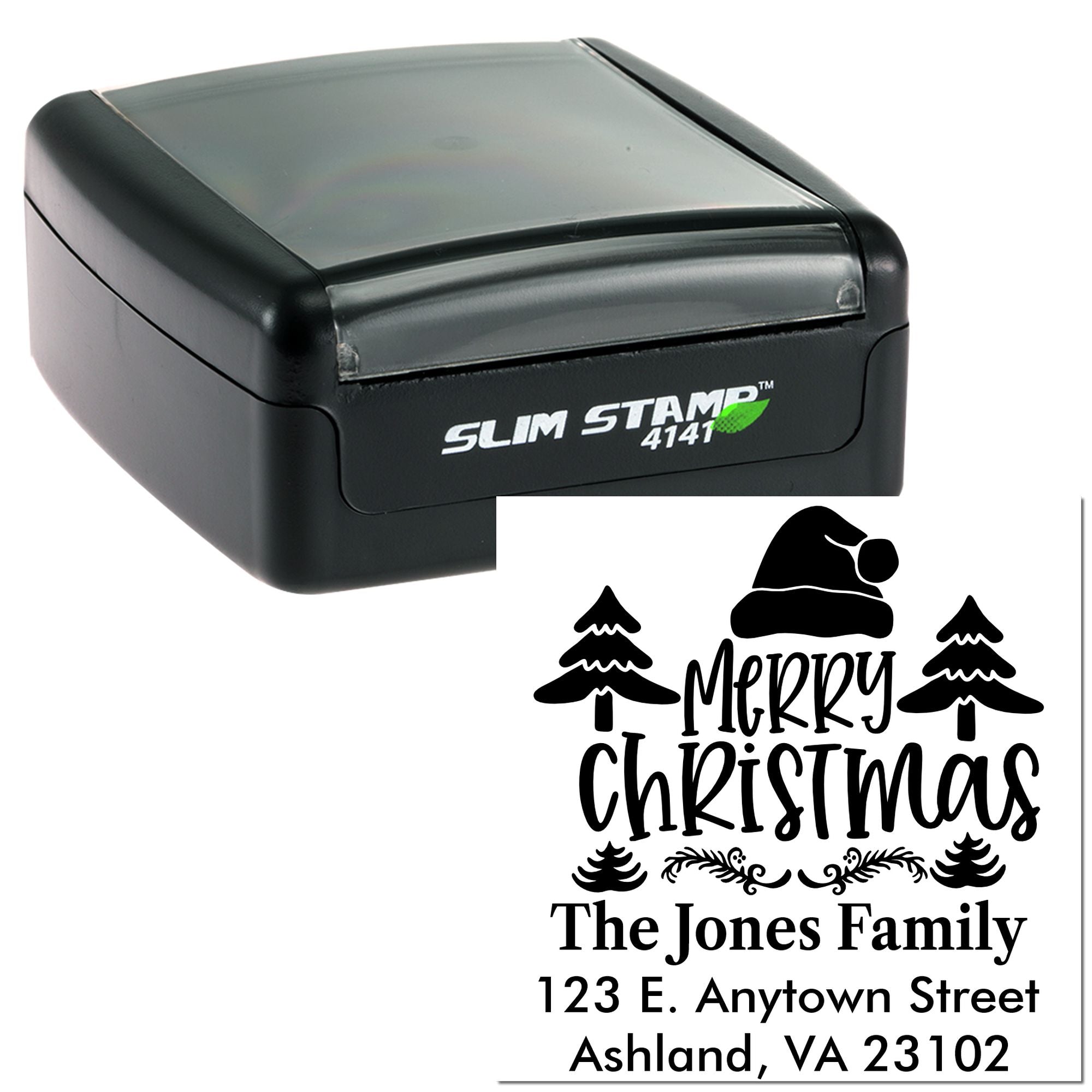 Custom Christmas return address rubber stamp with self-inking Slim Stamp 4141 case and Merry Christmas family design.