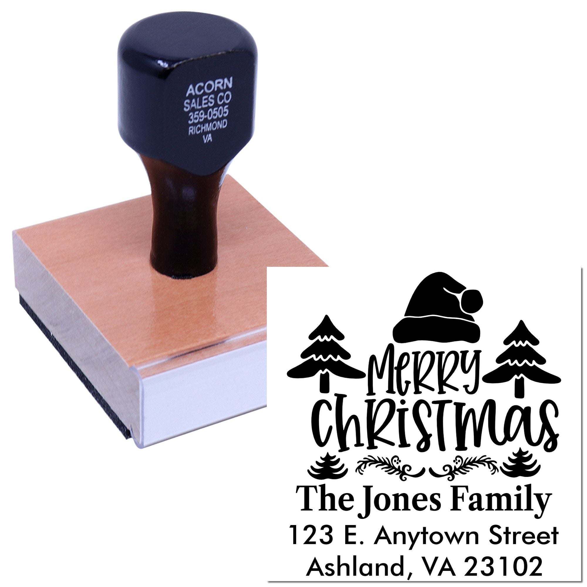 Personalized Christmas return address rubber stamp with Merry Christmas design and family address.