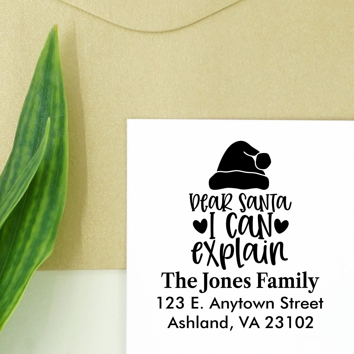 Personalized rubber stamp for holiday mail, featuring Dear Santa I Cant Explain and family return address.