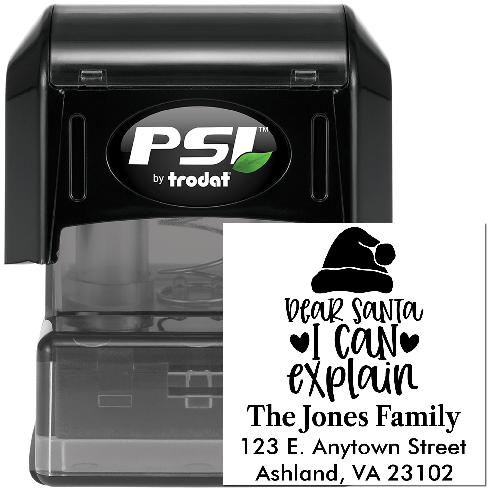 Custom self-inking Christmas return address rubber stamp, Dear Santa I Can Explain, by PSI by Trodat.
