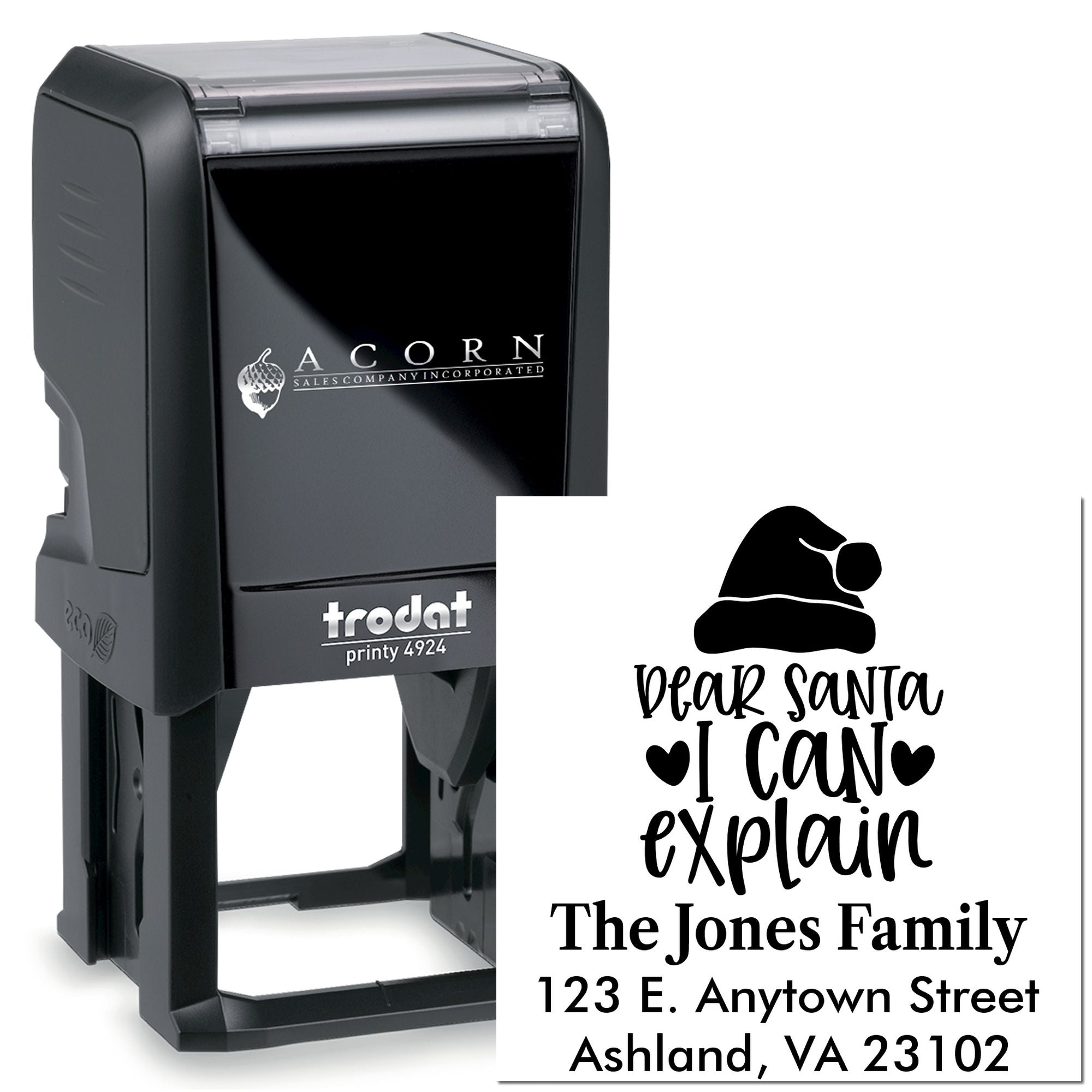 Custom self-inking rubber stamp with holiday return address design reading Dear Santa I Can Explain for The Jones Family.