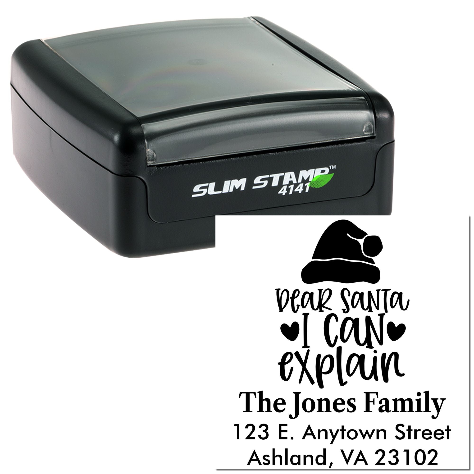 Custom self-inking rubber stamp with Dear Santa I can explain holiday return address design, Slim Stamp 4141.
