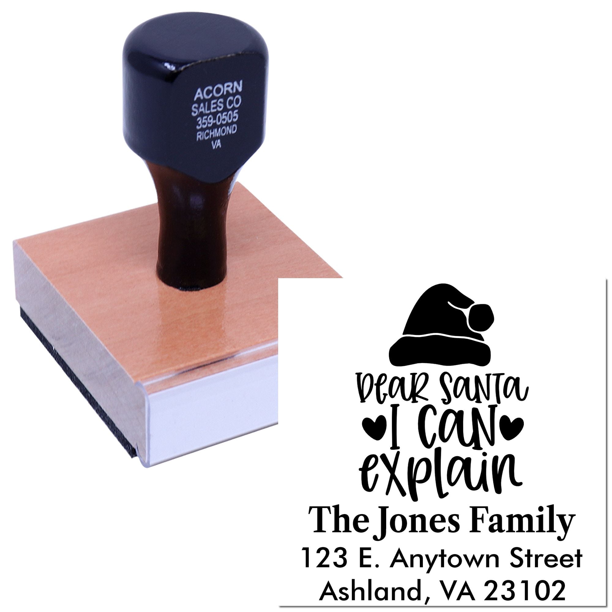 Personalized holiday rubber stamp with Dear Santa I can explain design and family address for Christmas cards.