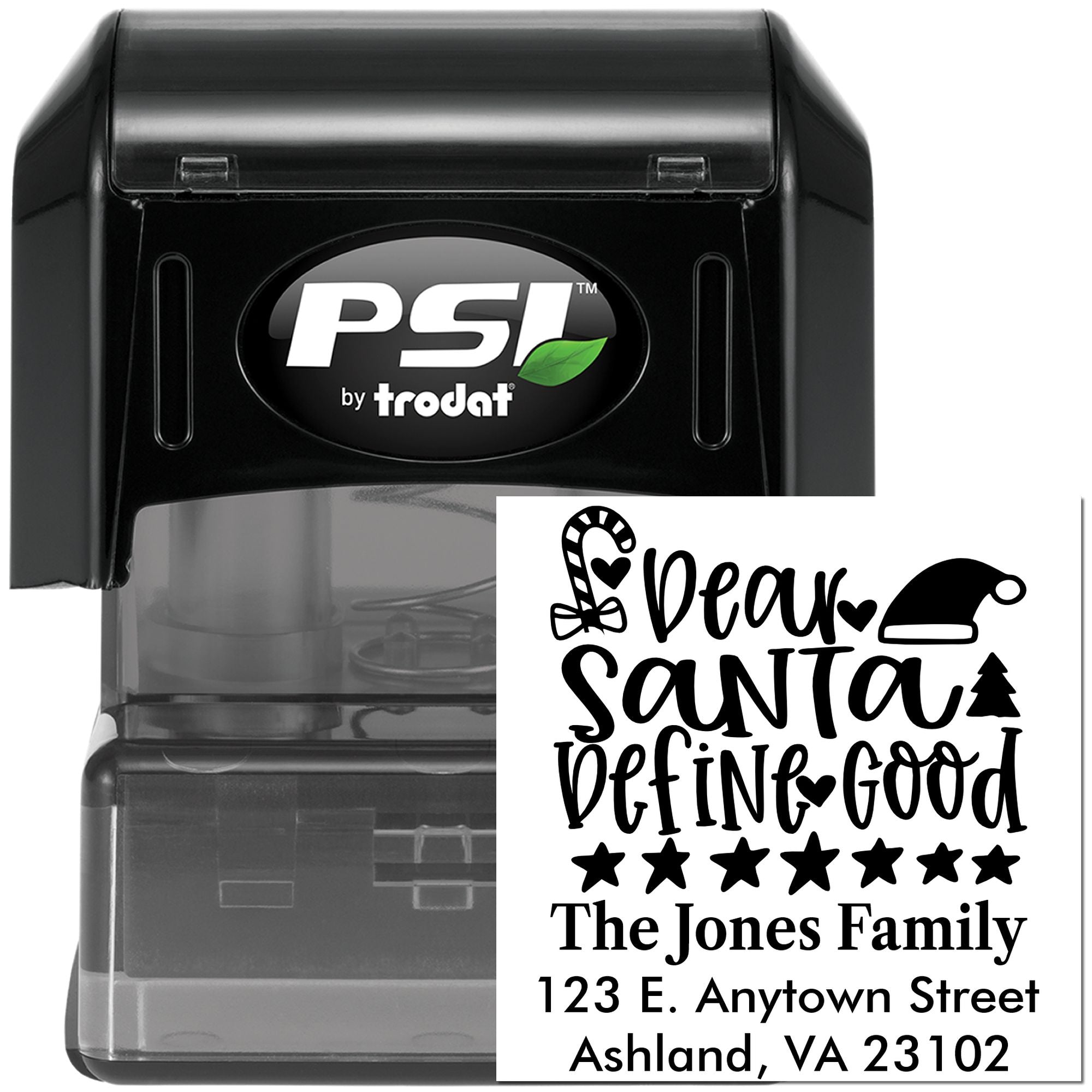 PSI by Trodat custom self-inking rubber stamp with Dear Santa return address design for holiday cards.