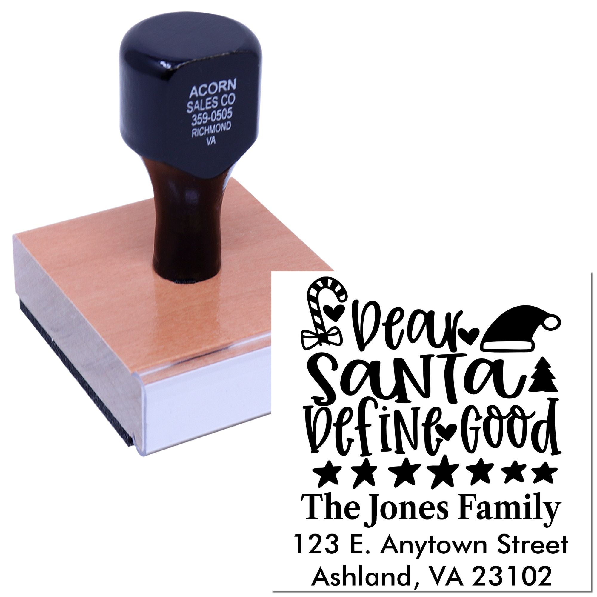Custom rubber stamp with wooden handle featuring a Dear Santa holiday design, family name, and address imprint.