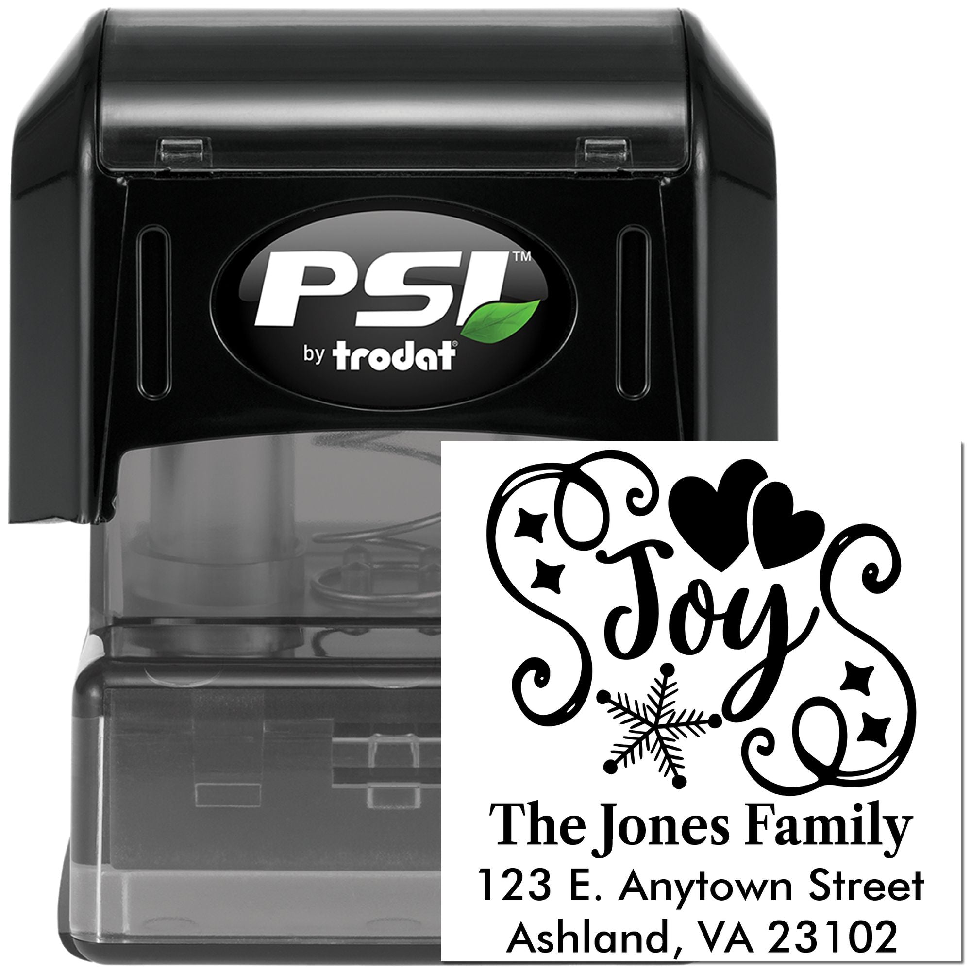 Custom self-inking rubber address stamp with Joy holiday design, PSI by Trodat for personalized family mailing.