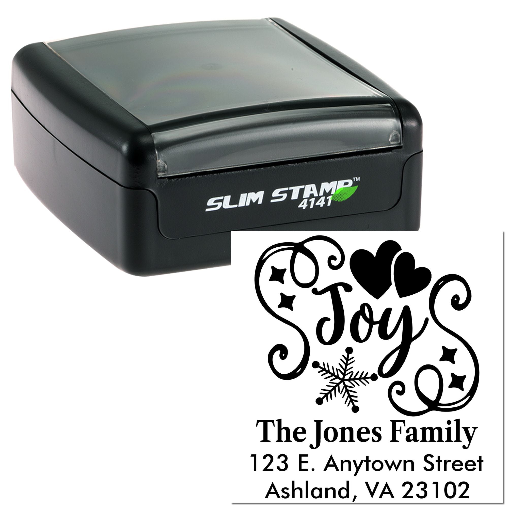 Custom self-inking rubber stamp with holiday Joy return address design for personalized family mailings.