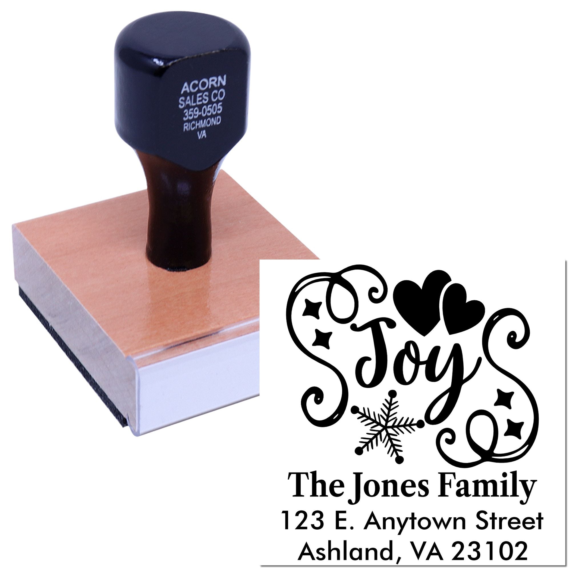 Personalized Christmas return address rubber stamp with Joy design, family name, and address for holiday envelopes.