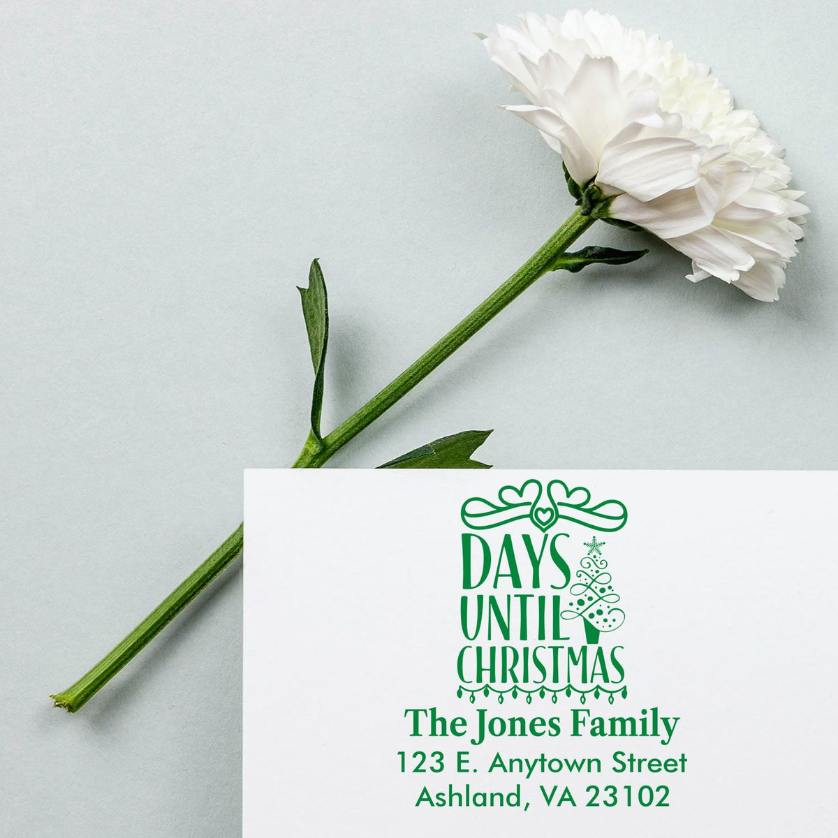 Personalized Days Until Christmas rubber stamp with family name and address for holiday cards and return envelopes.