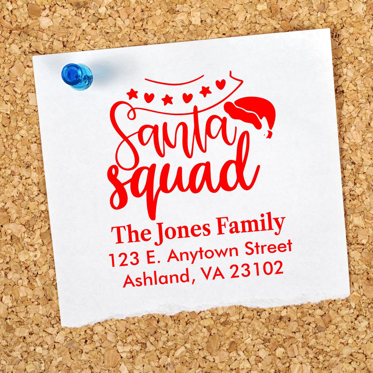 Personalized Santa Squad Christmas return address rubber stamp for The Jones Family, Ashland, VA.