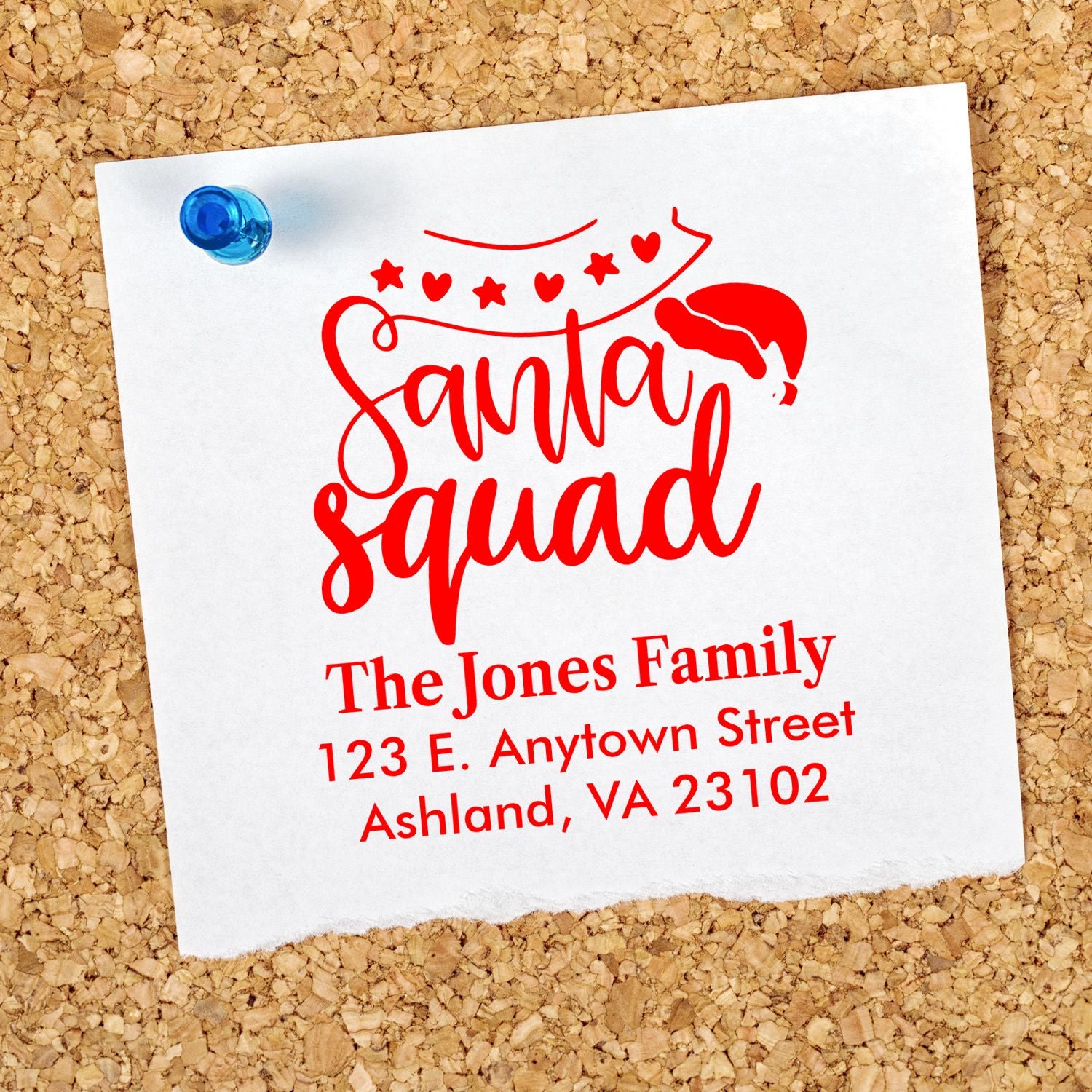 Custom Santa Squad return address rubber stamp for holiday mailing, featuring a festive Christmas design and personalized address.