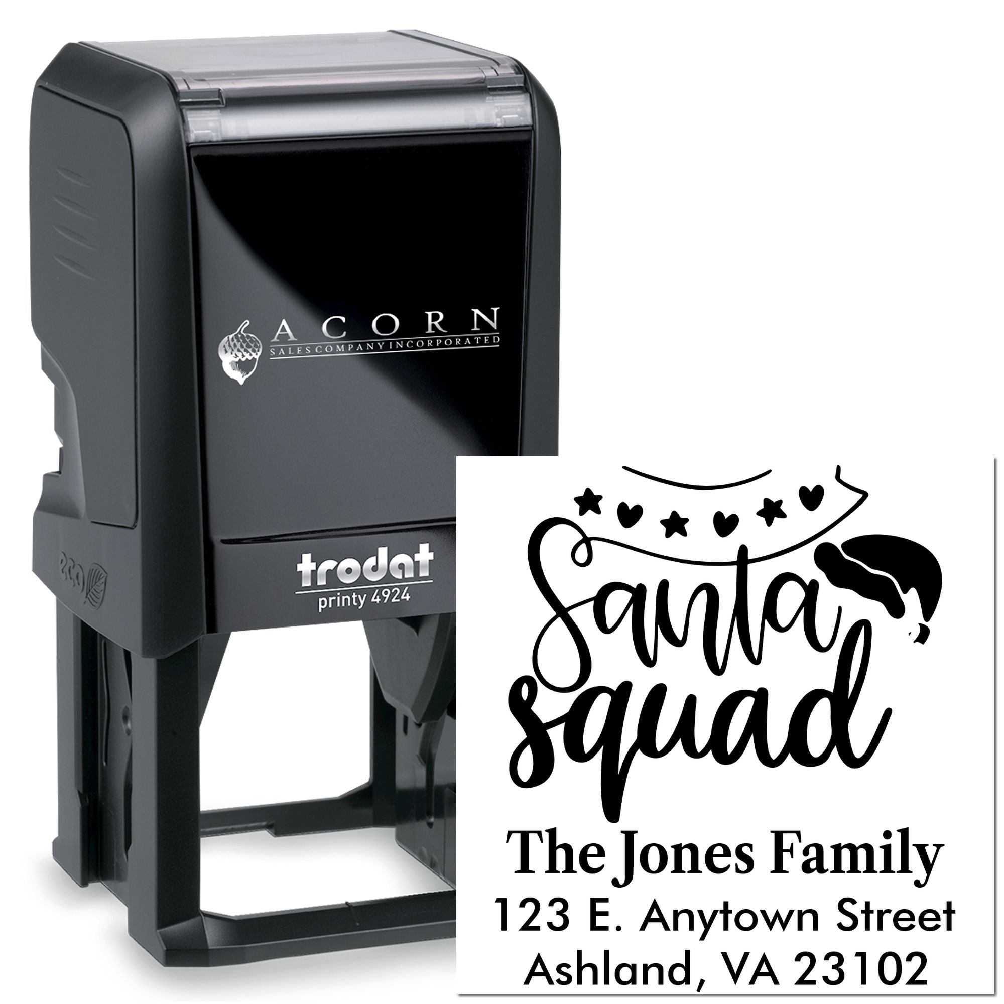 Custom self-inking rubber stamp with Santa Squad family address design, ideal for holiday cards and personalized mailing.
