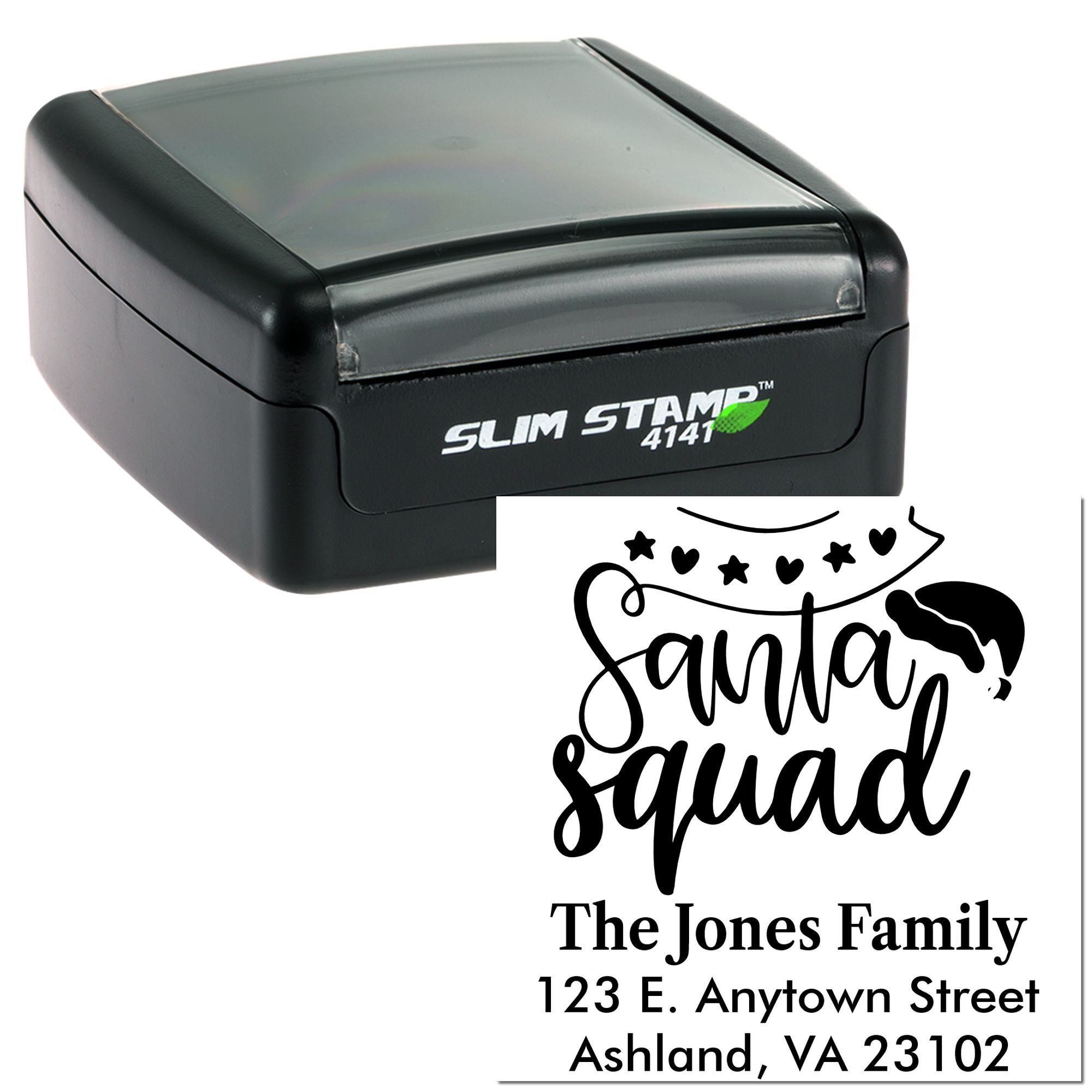 Custom self-inking rubber stamp with Santa Squad address design for holiday cards and family mailing labels.