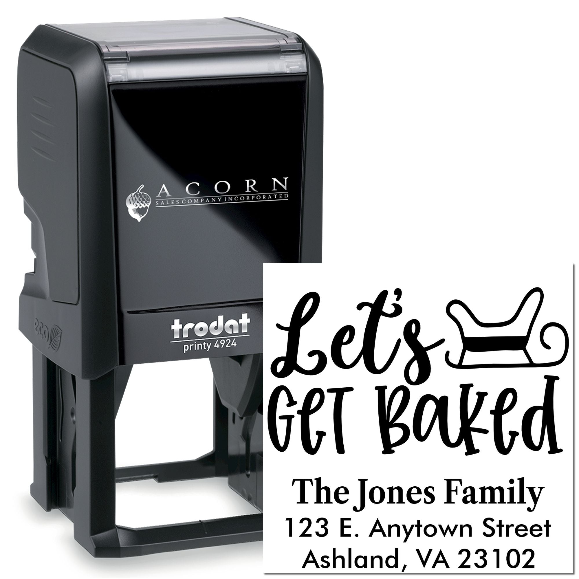 Personalized self-inking address rubber stamp with Lets Get Baked design for bakery packaging and mailings.