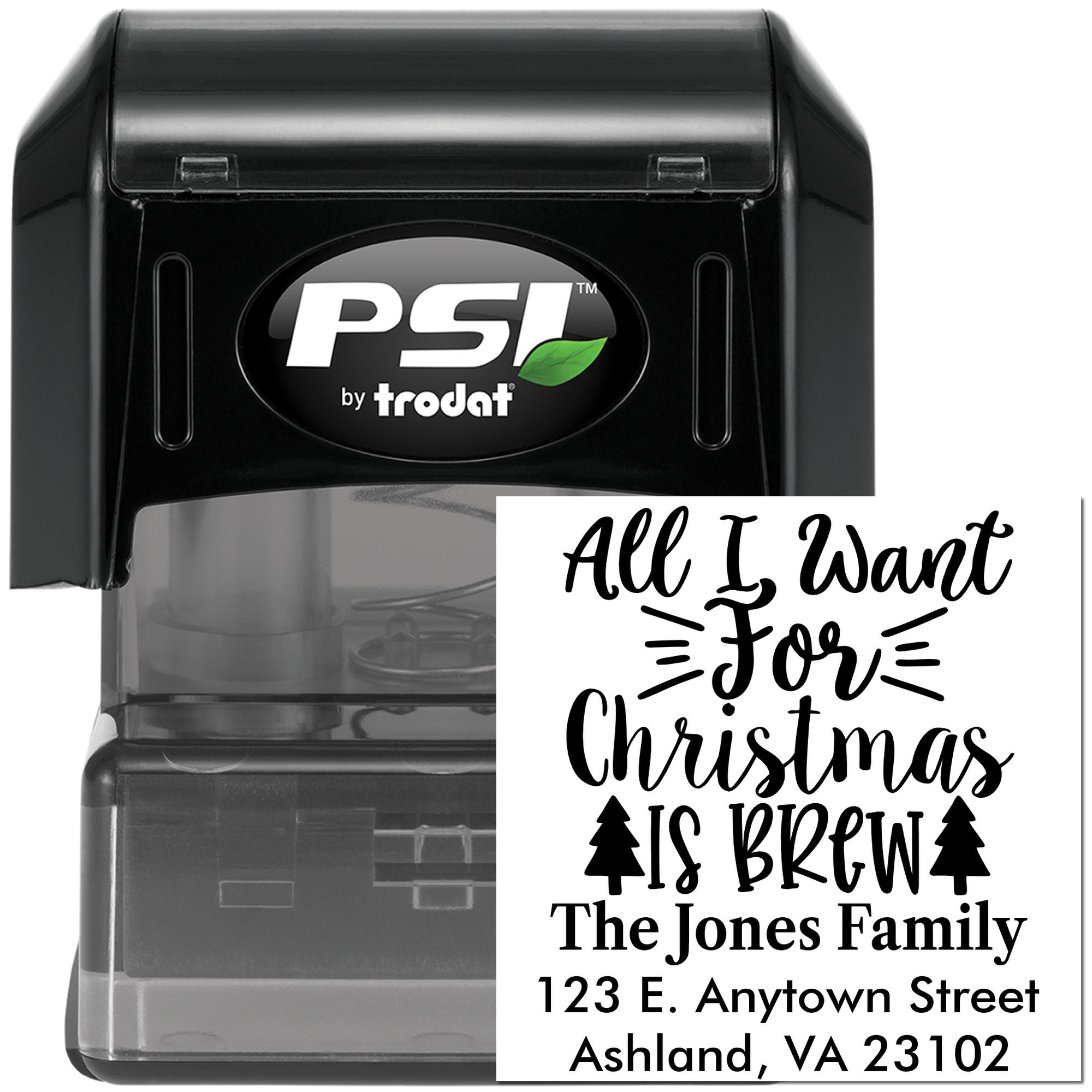 PSI by Trodat self-inking rubber stamp with custom holiday return address design for Christmas mailings.