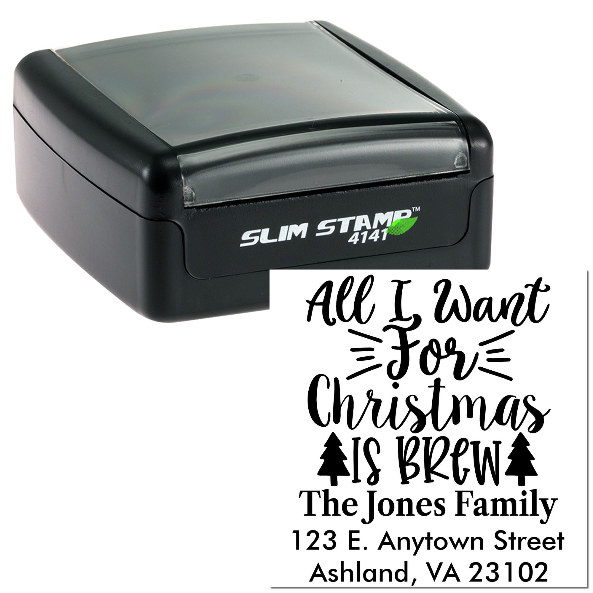 Custom self-inking rubber stamp for holiday return address printing, featuring All I Want for Christmas Is Brew design.