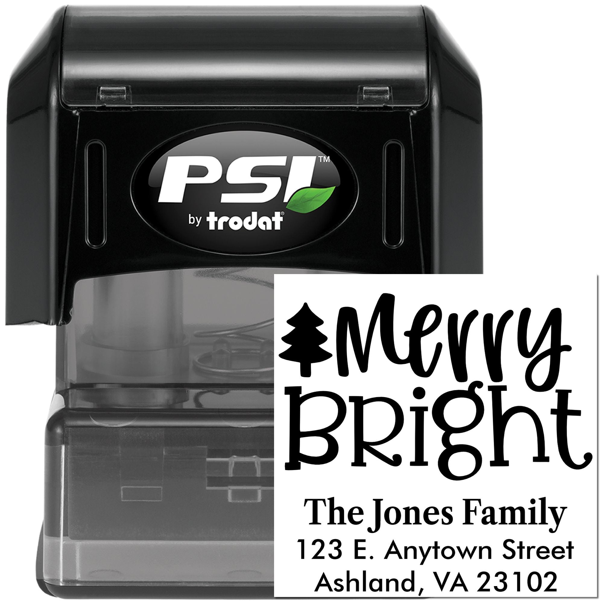 Custom self-inking rubber address stamp with Merry Bright holiday design and The Jones Family return address.