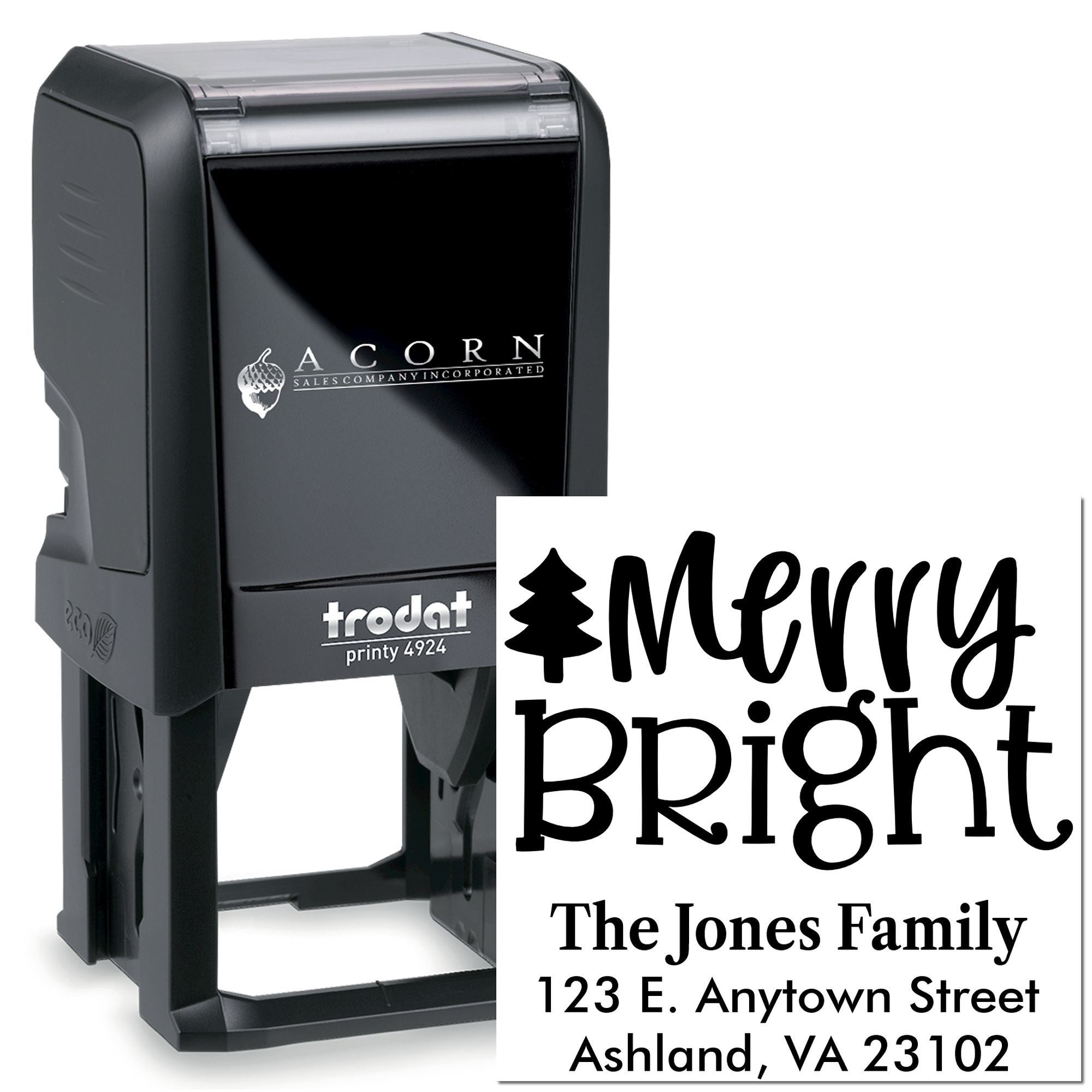 Custom self-inking Merry Bright return address stamp with family name and address for holiday cards.
