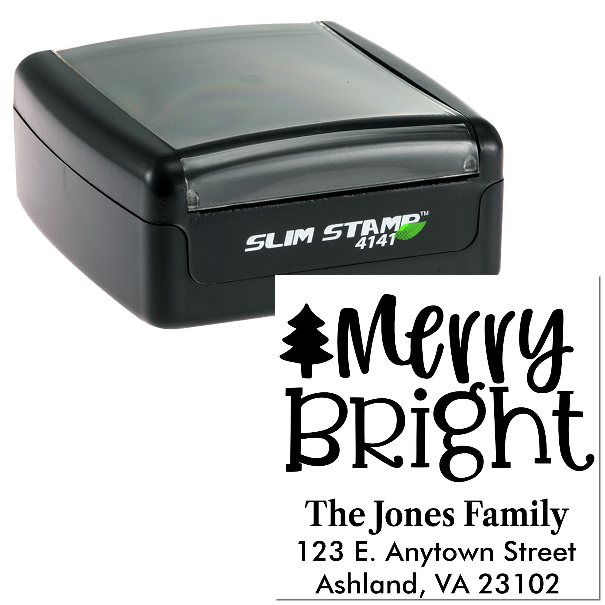 Custom self-inking rubber return address stamp with festive Merry Bright design and The Jones Family address.