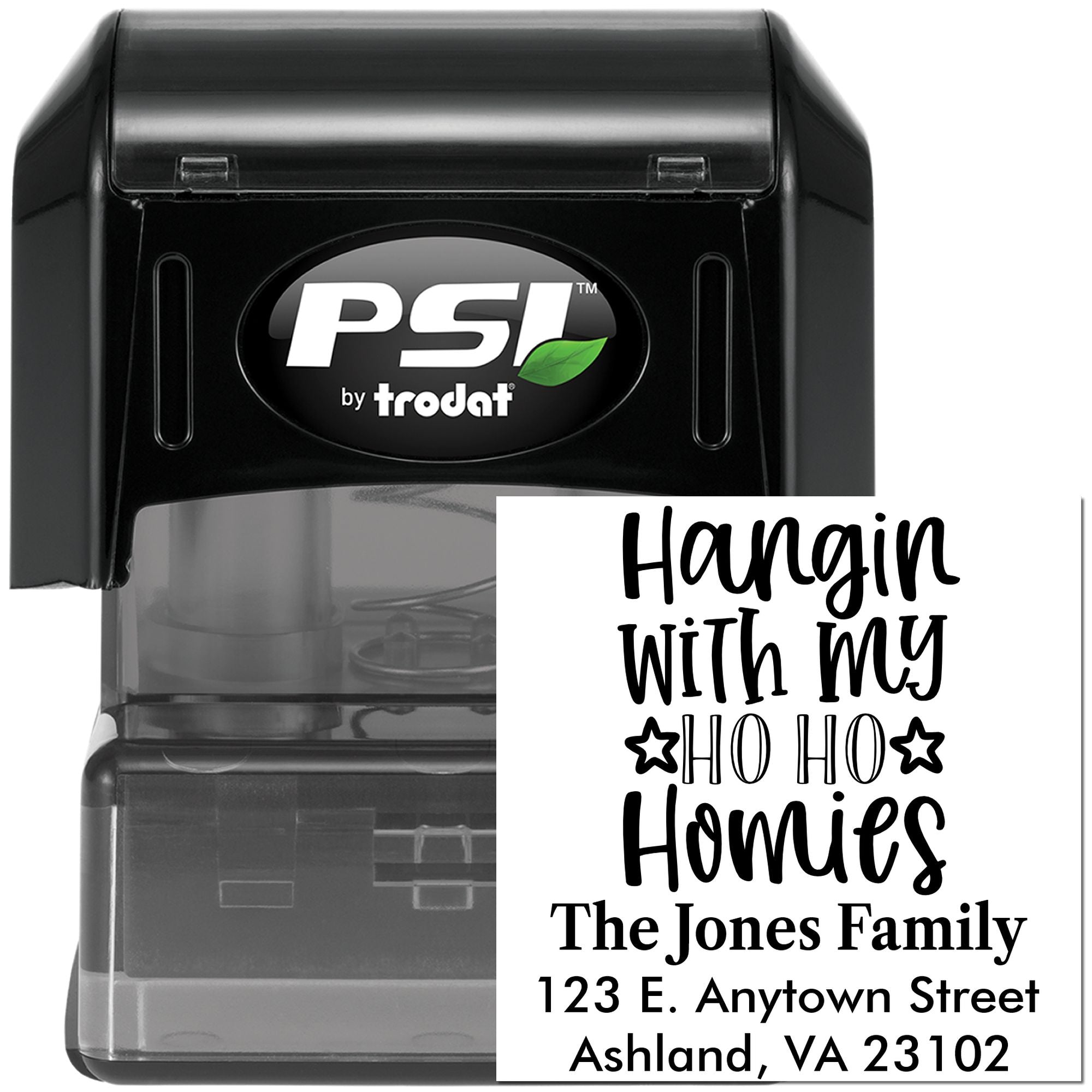 Personalized self-inking rubber stamp with holiday return address design for The Jones Family, Hangin with my ho ho homies.