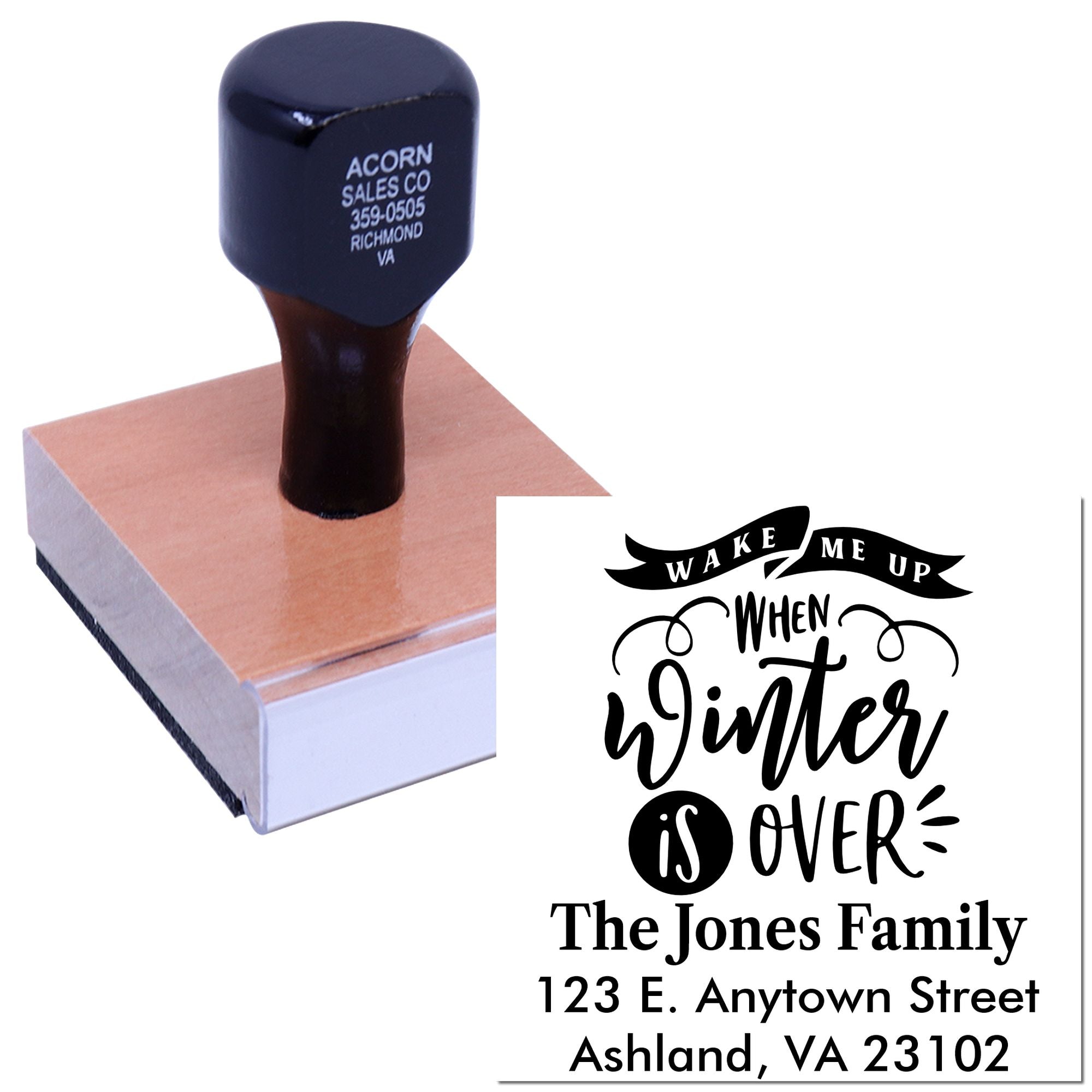 Personalized rubber address stamp with winter quote for custom family mail, cards, and holiday crafts.