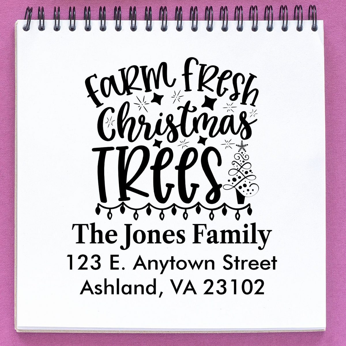 Custom rubber stamp design with Farm Fresh Christmas Trees and personalized family name and address for holiday packaging.